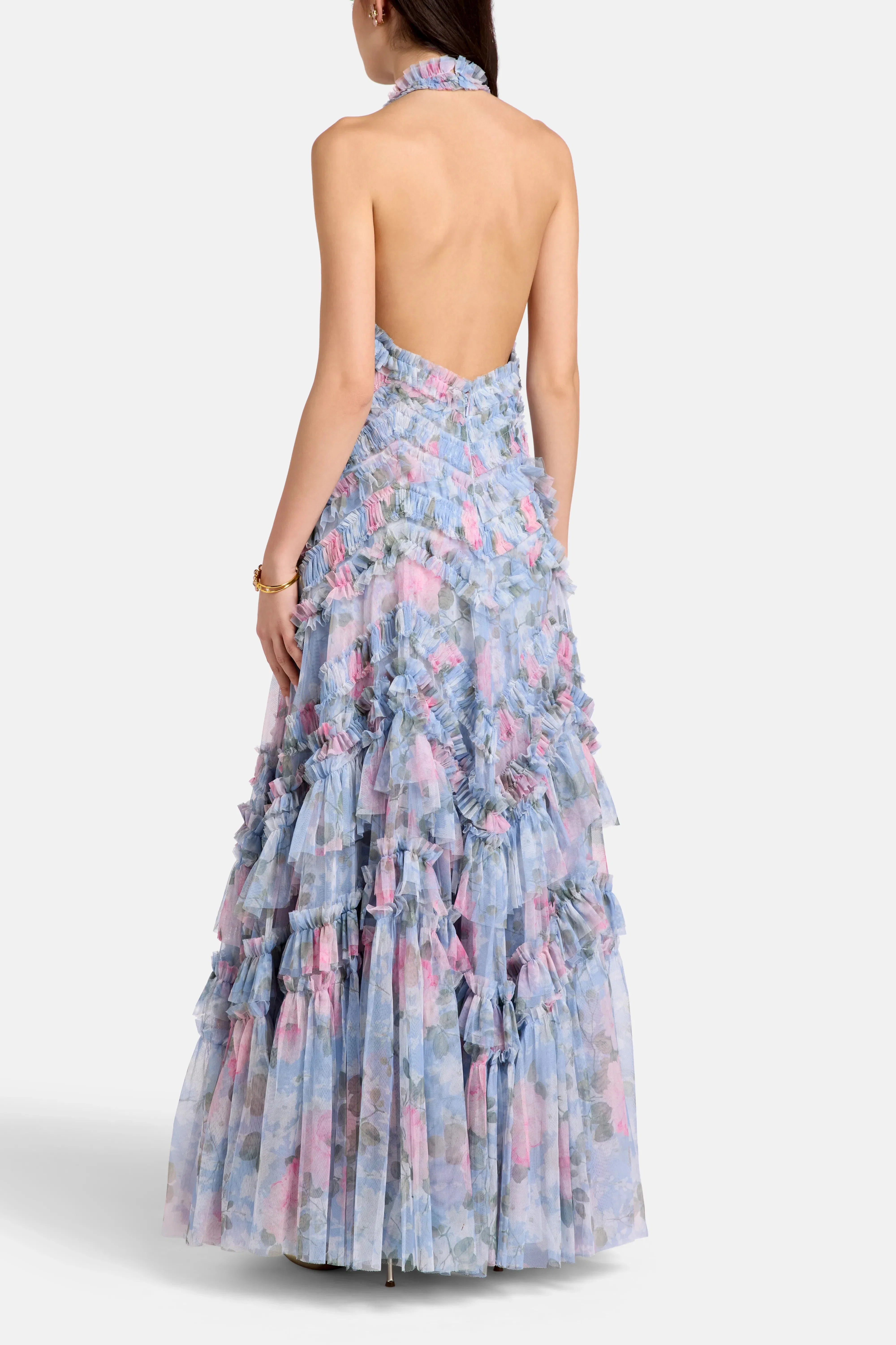 Needle & Thread Camille's Garden Elia Halter Neck Floral Evening Dress in Blue
