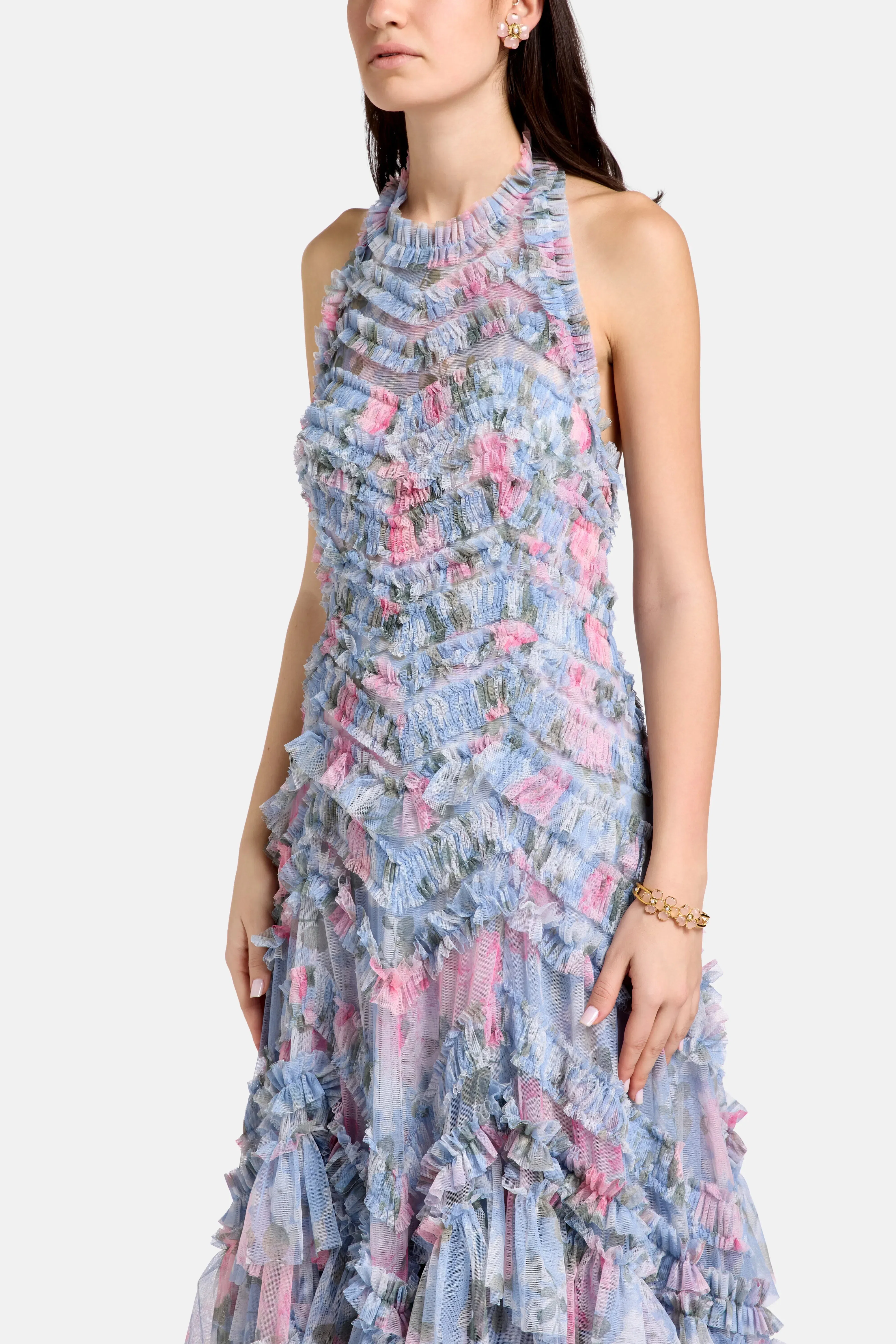 Needle & Thread Camille's Garden Elia Halter Neck Floral Evening Dress in Blue