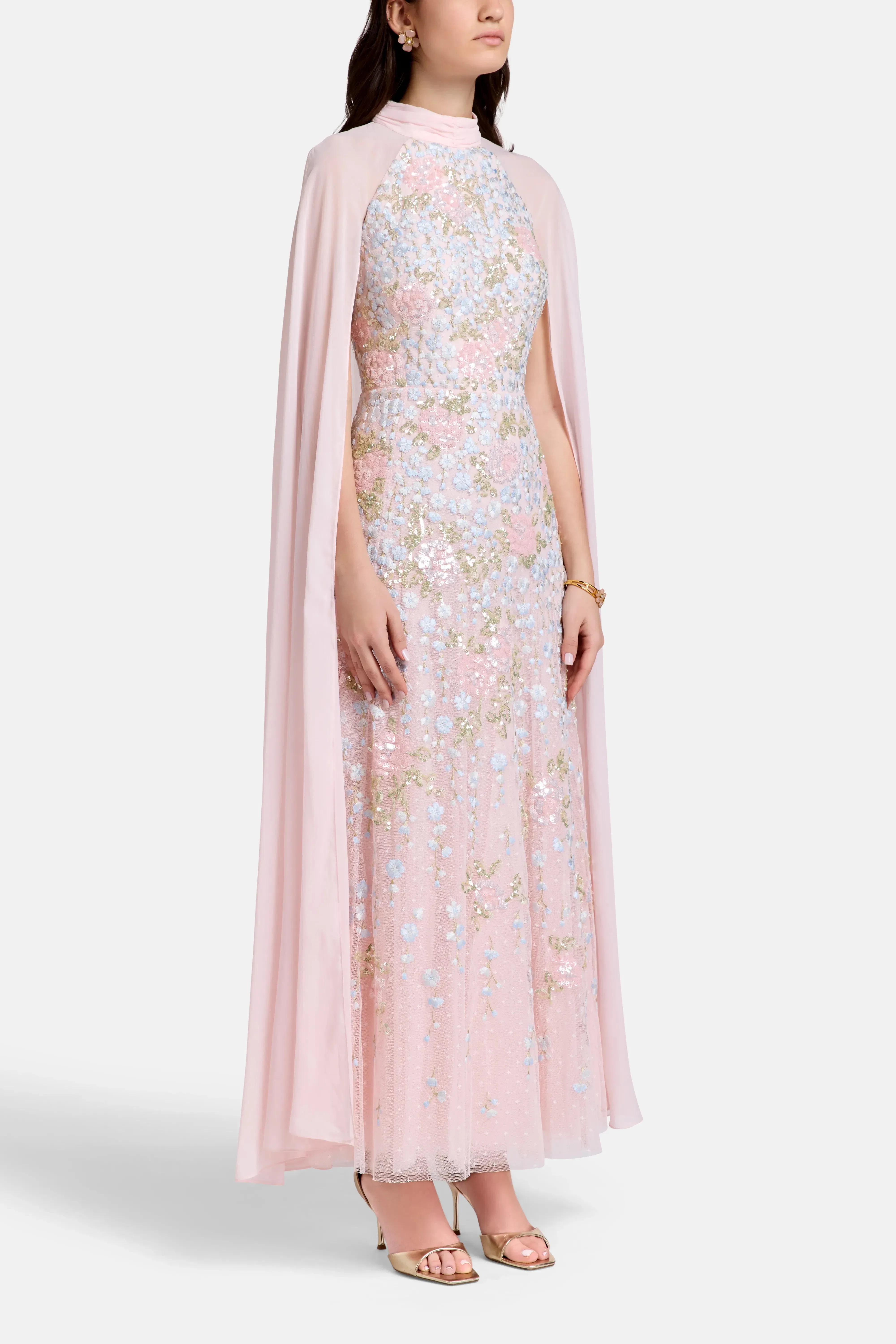 Needle & Thread Cressida Floral Cape Floral Evening Dress in Pink