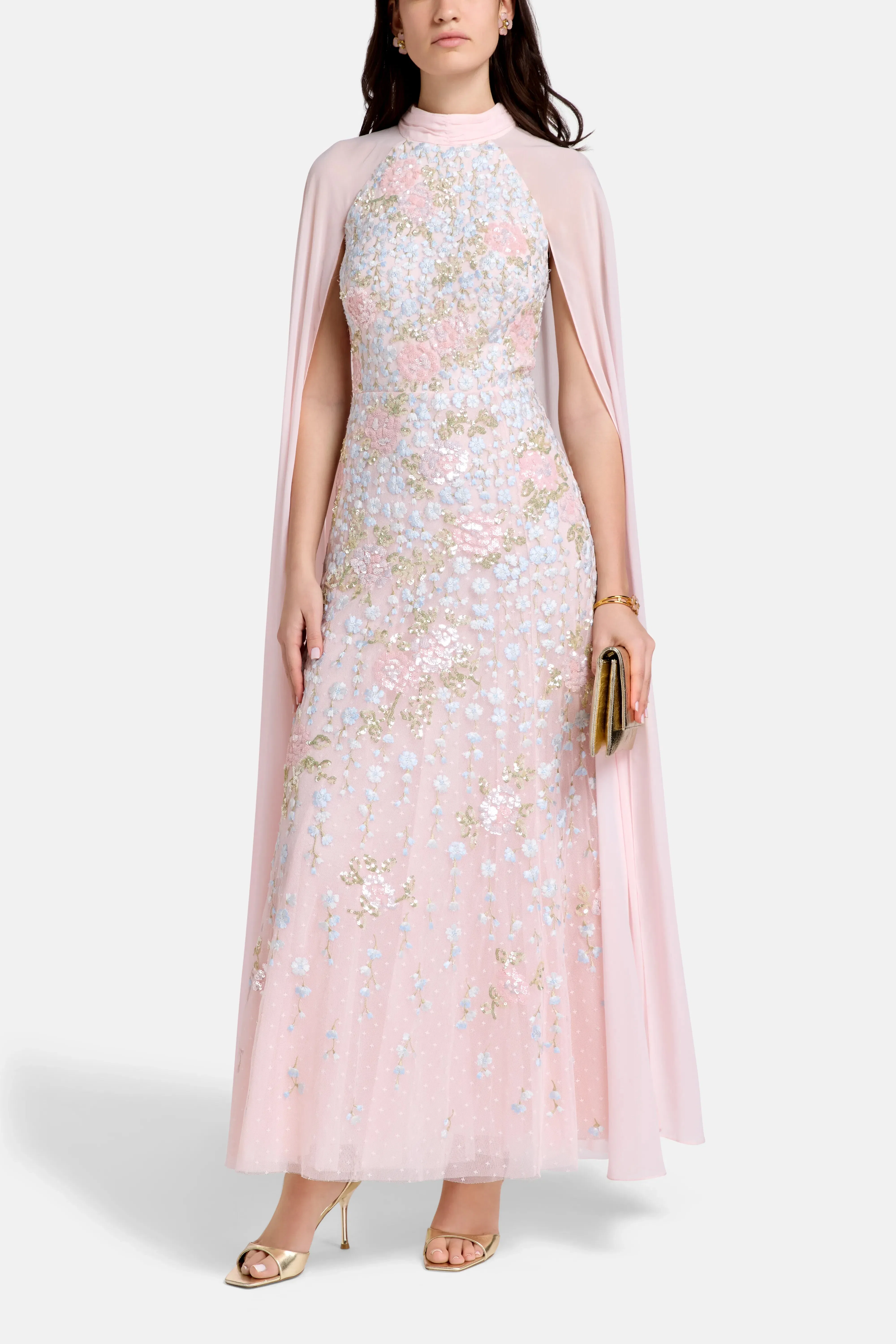 Needle & Thread Cressida Floral Cape Floral Evening Dress in Pink