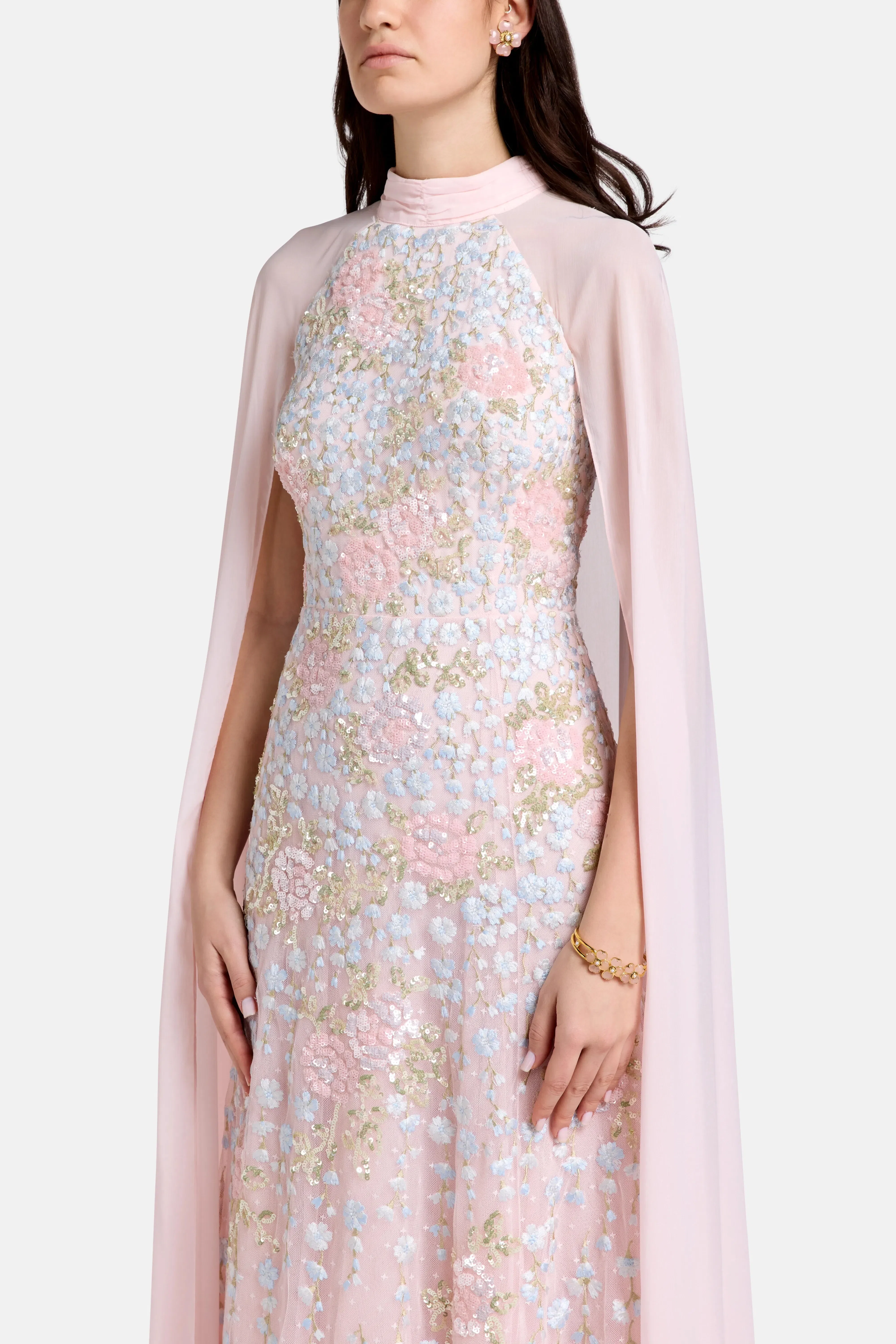 Needle & Thread Cressida Floral Cape Floral Evening Dress in Pink
