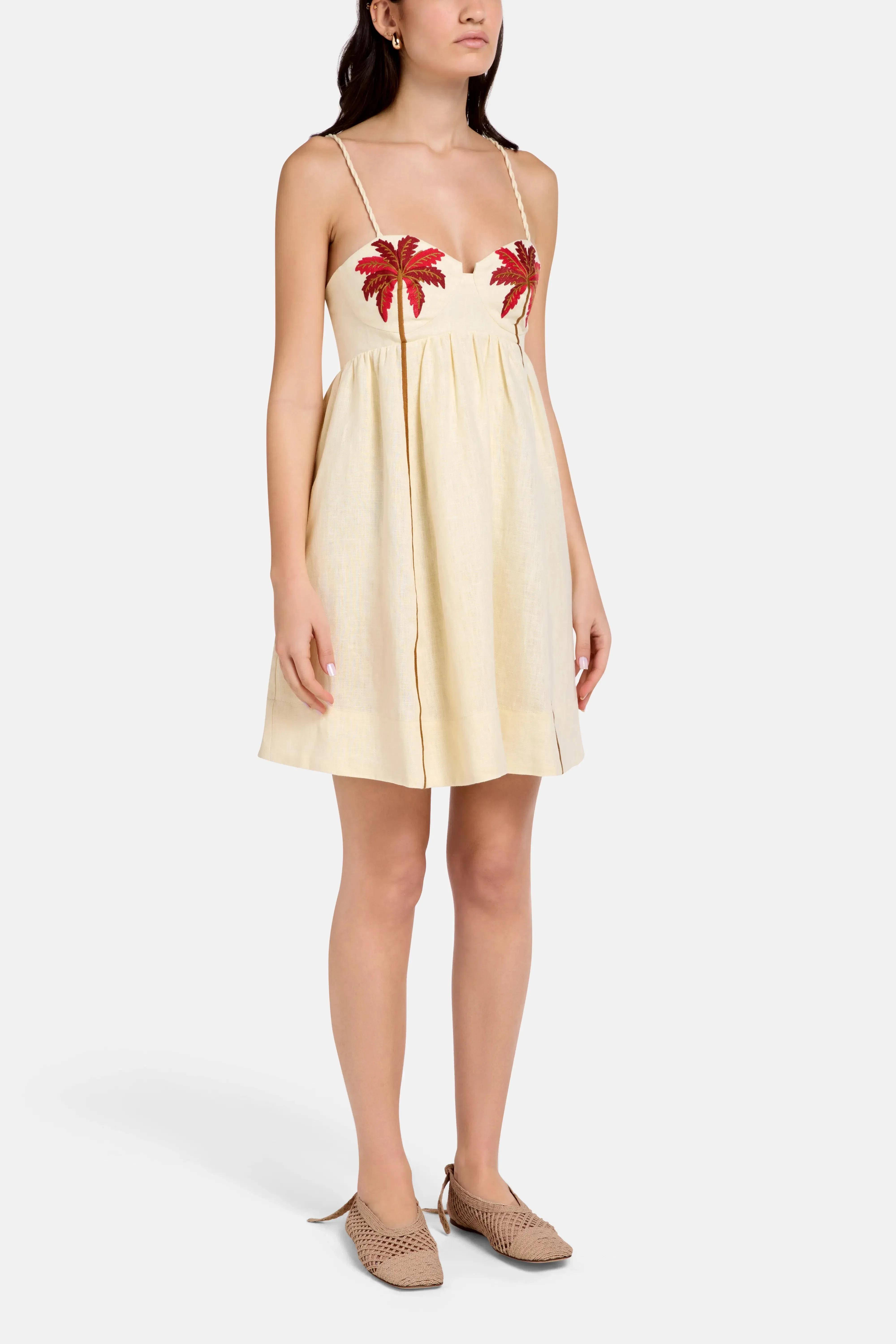 FARM Rio Coconut Tree Embroidered Linen Mini Dress in Brown