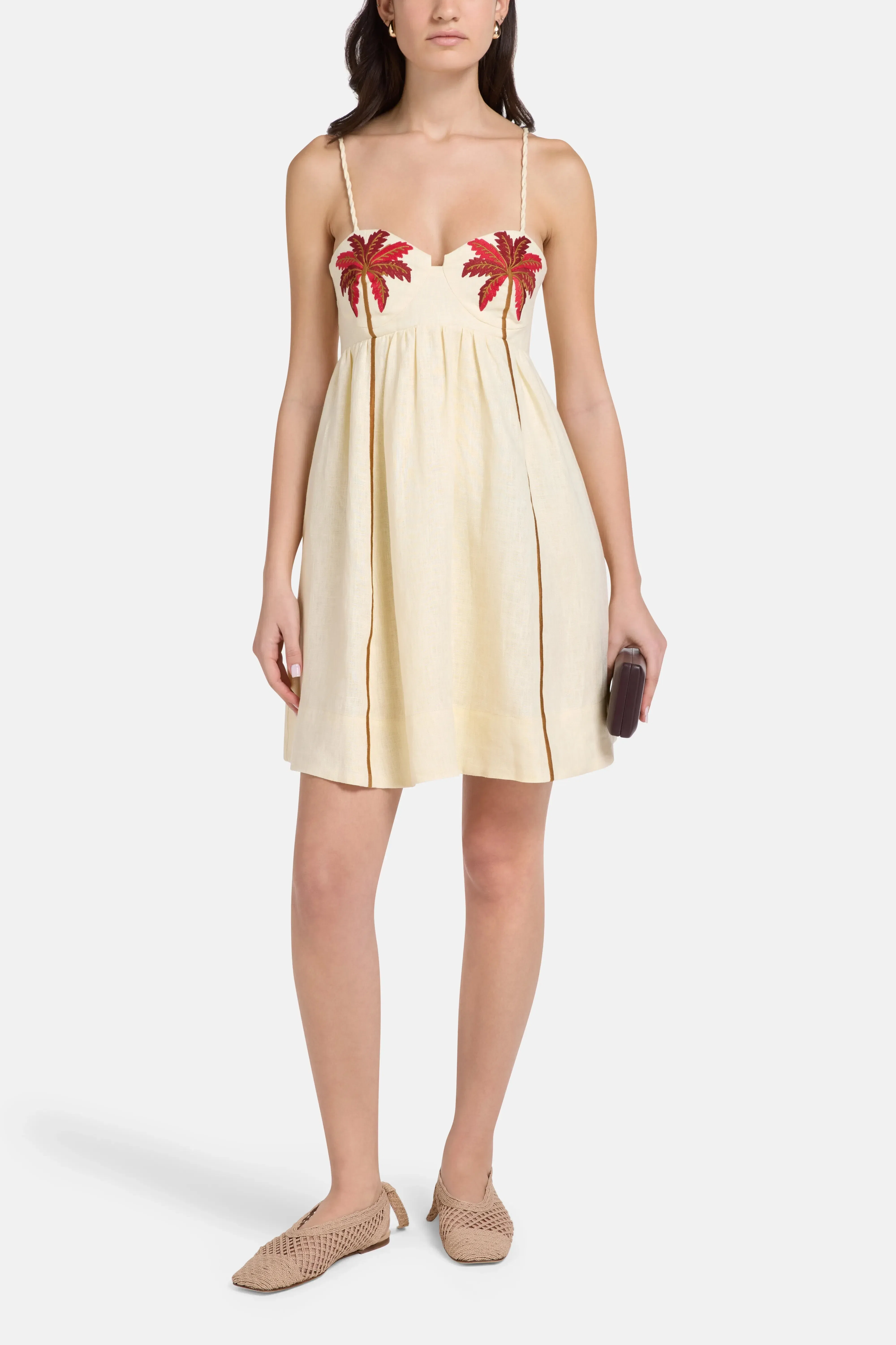 FARM Rio Coconut Tree Embroidered Linen Mini Dress in Brown