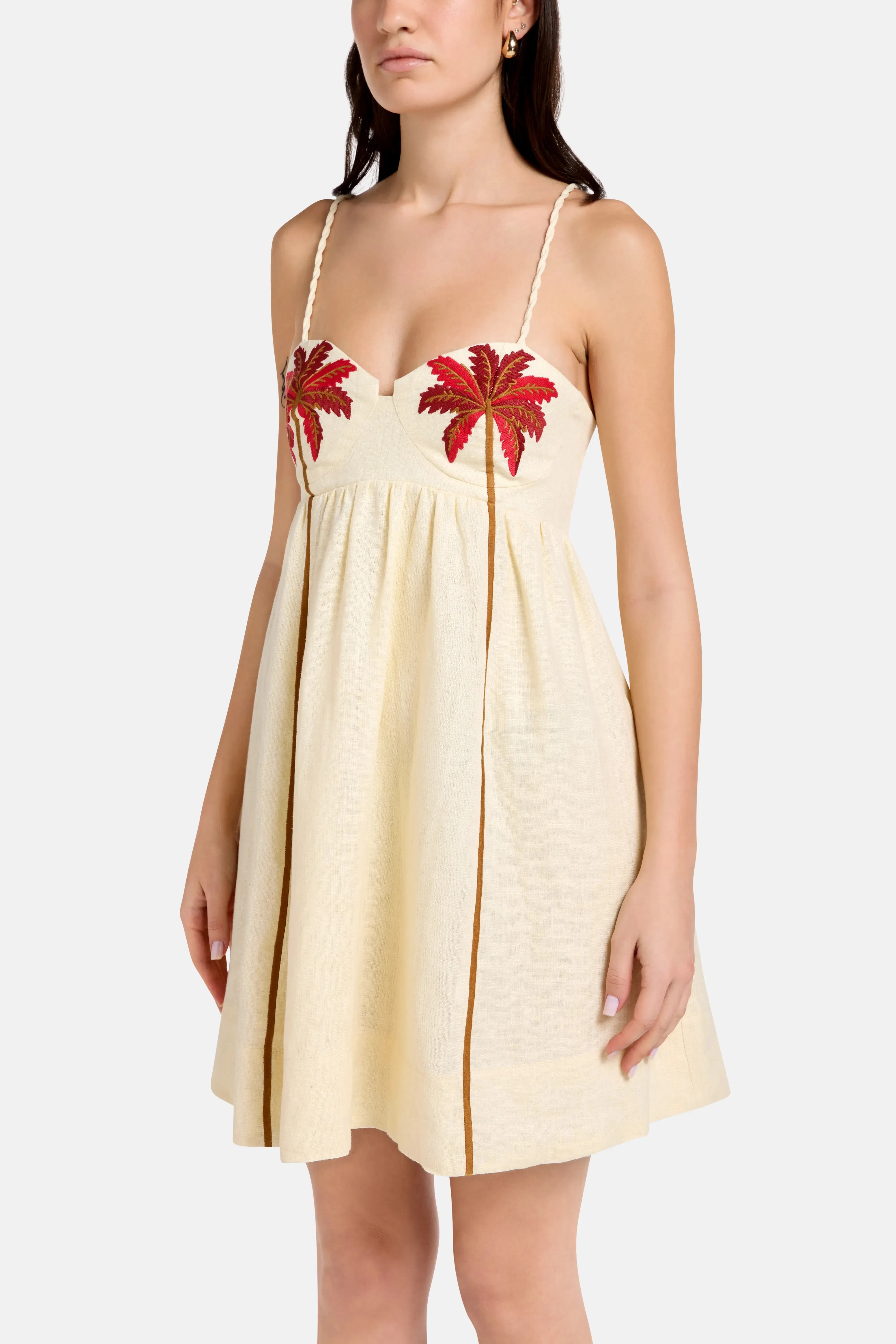 FARM Rio Coconut Tree Embroidered Linen Mini Dress in Brown