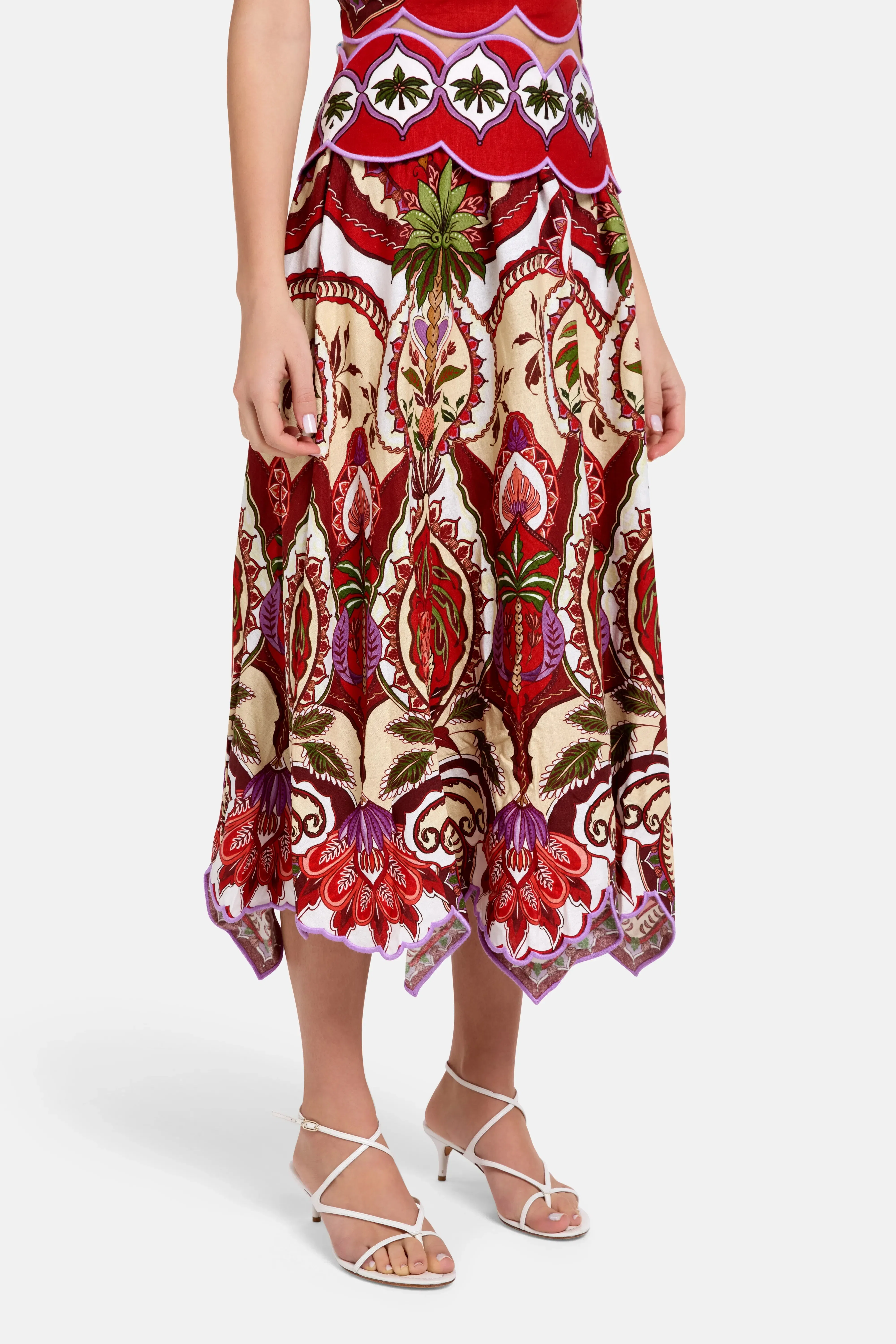 FARM Rio Odara Scallops Linen Midi Skirt in Red