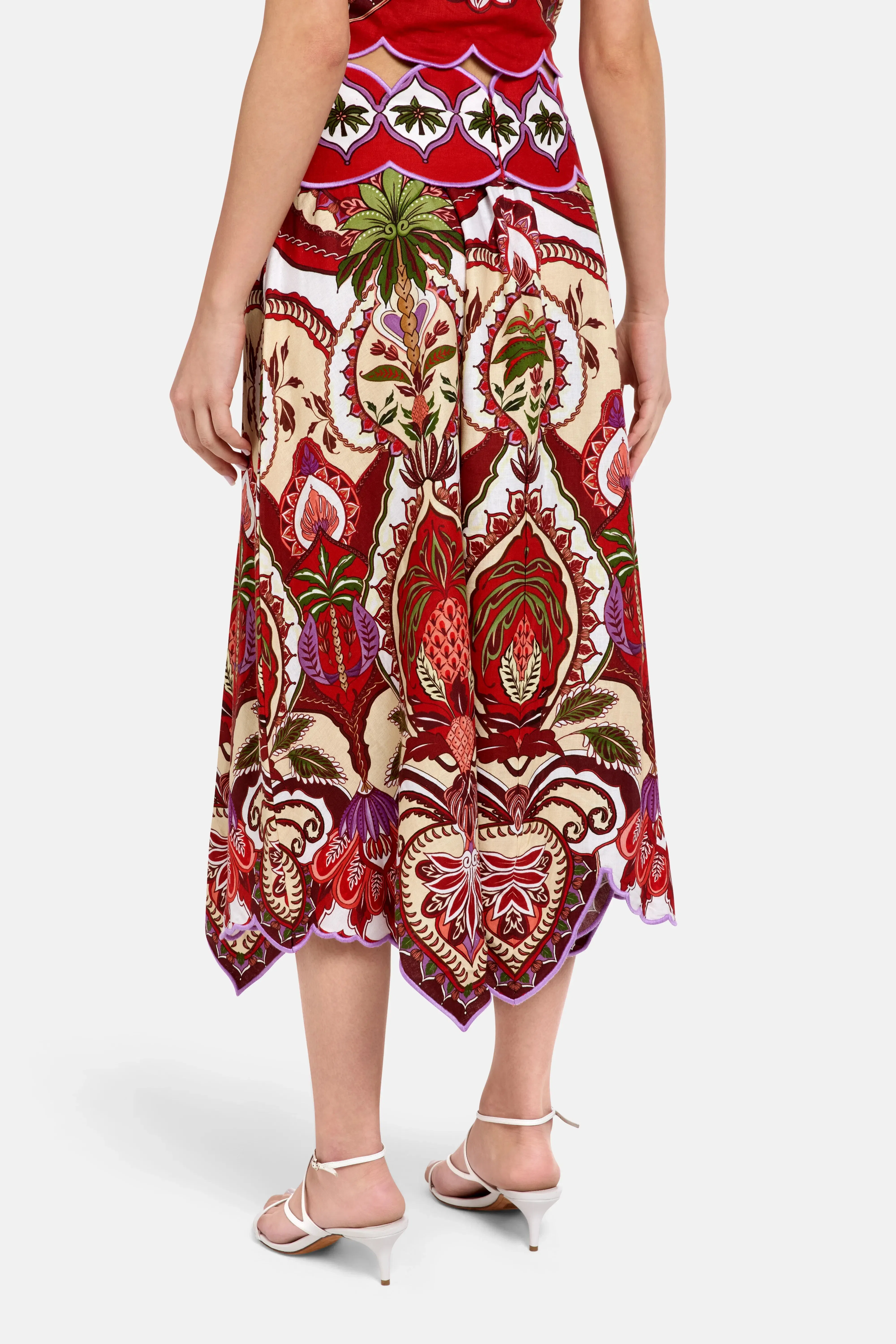 FARM Rio Odara Scallops Linen Midi Skirt in Red