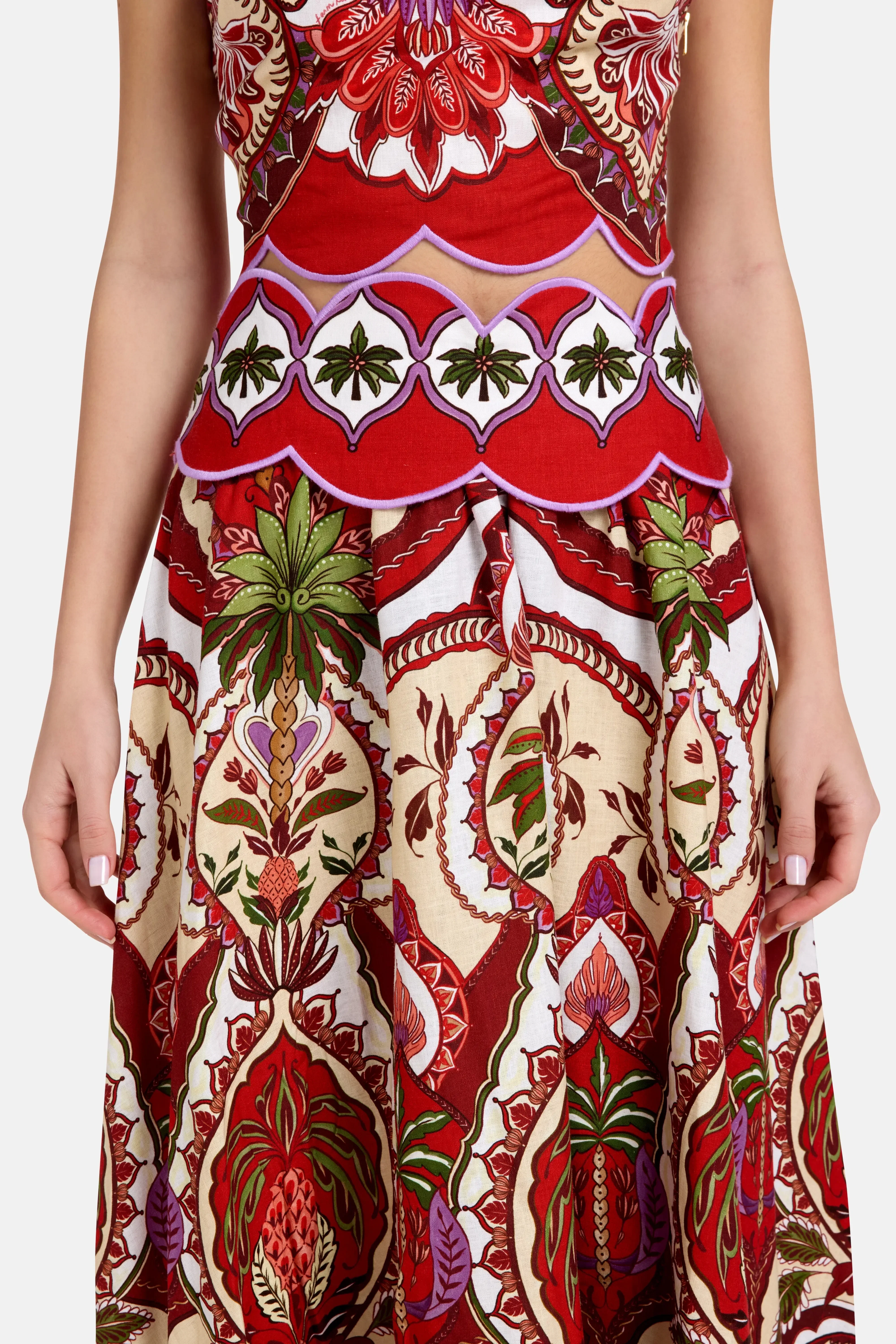 FARM Rio Odara Scallops Linen Midi Skirt in Red