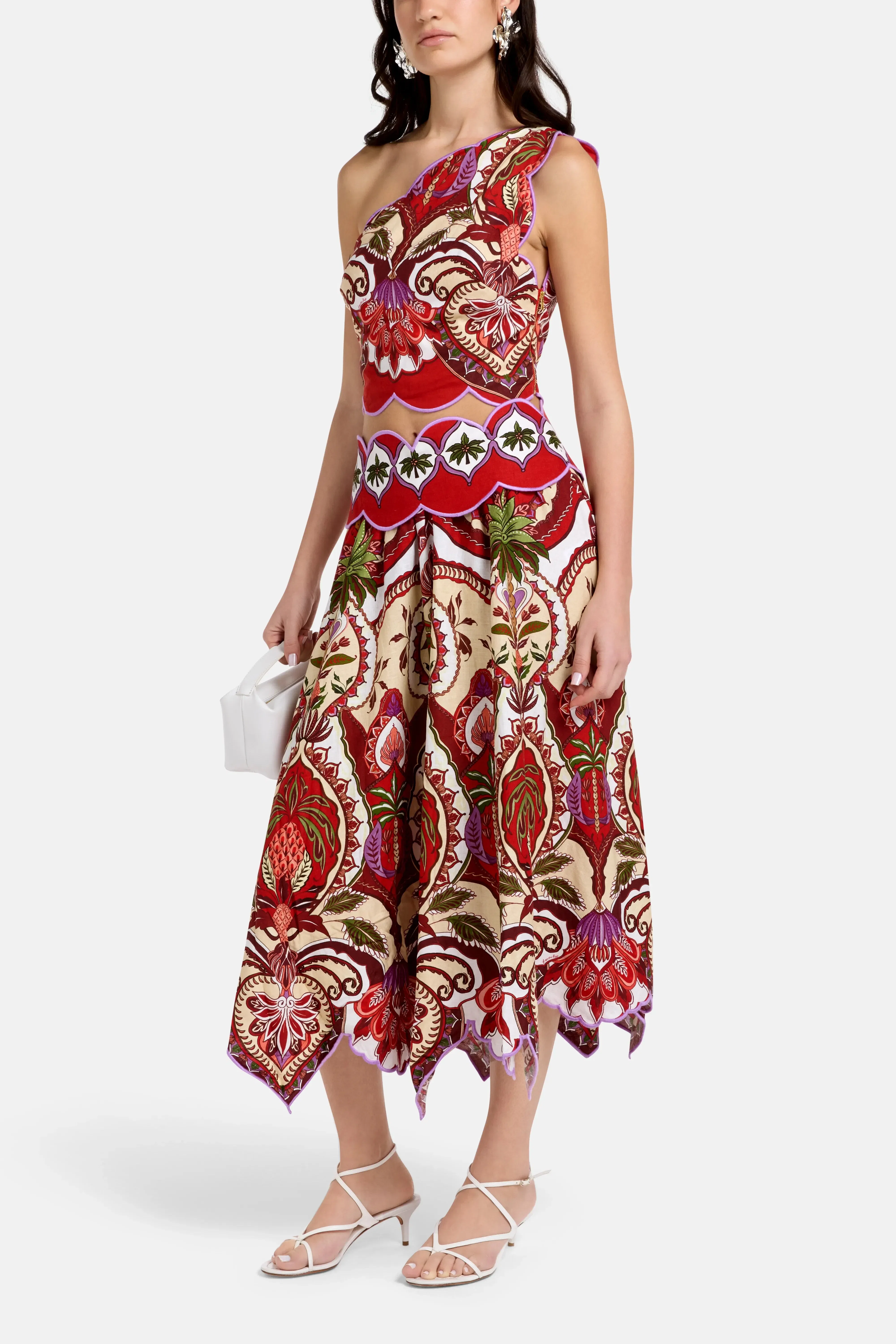 FARM Rio Odara Scallops Linen Midi Skirt in Red