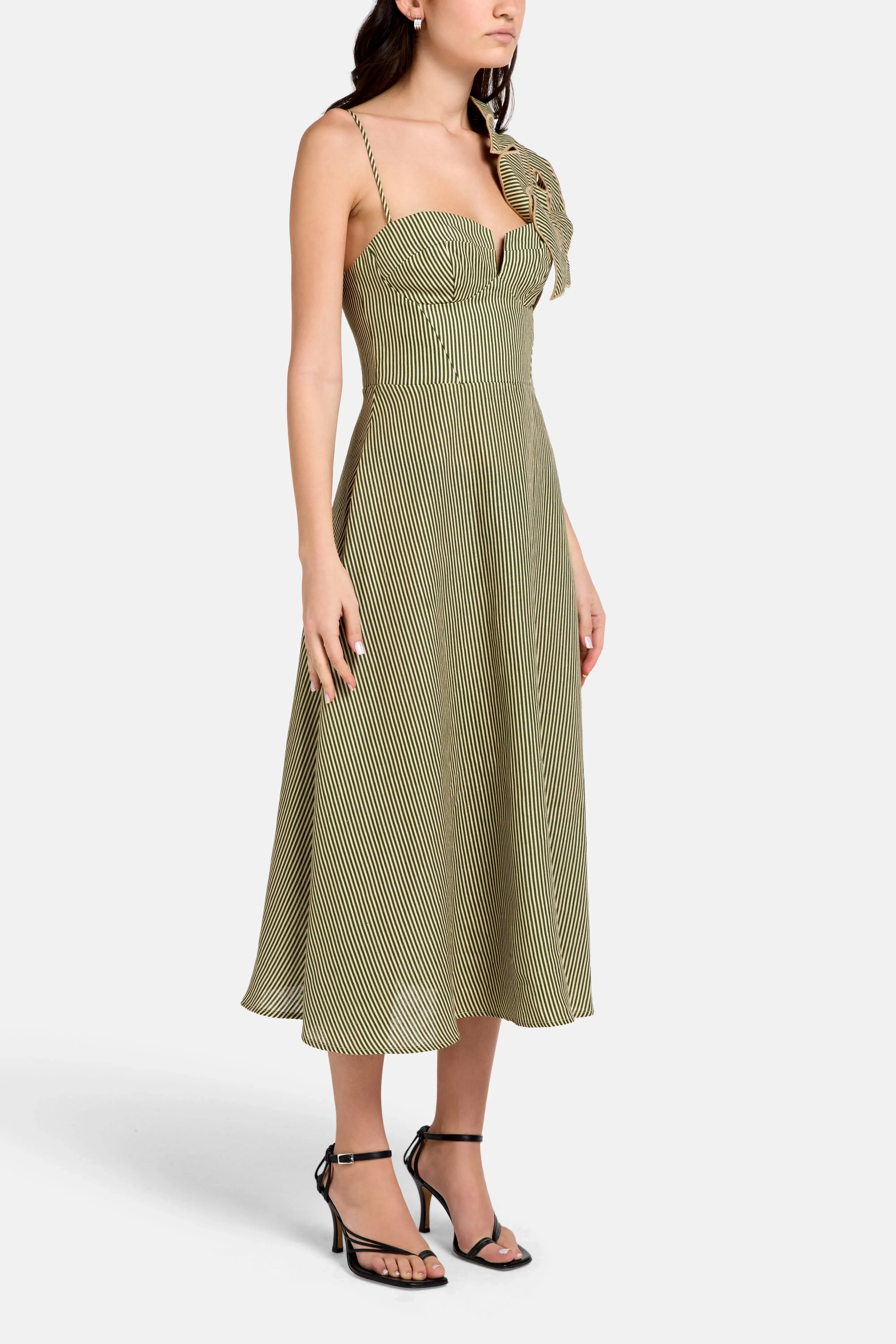 FARM Rio Striped Monstera Leaf Sleeveless Linen Midi Dress in Green