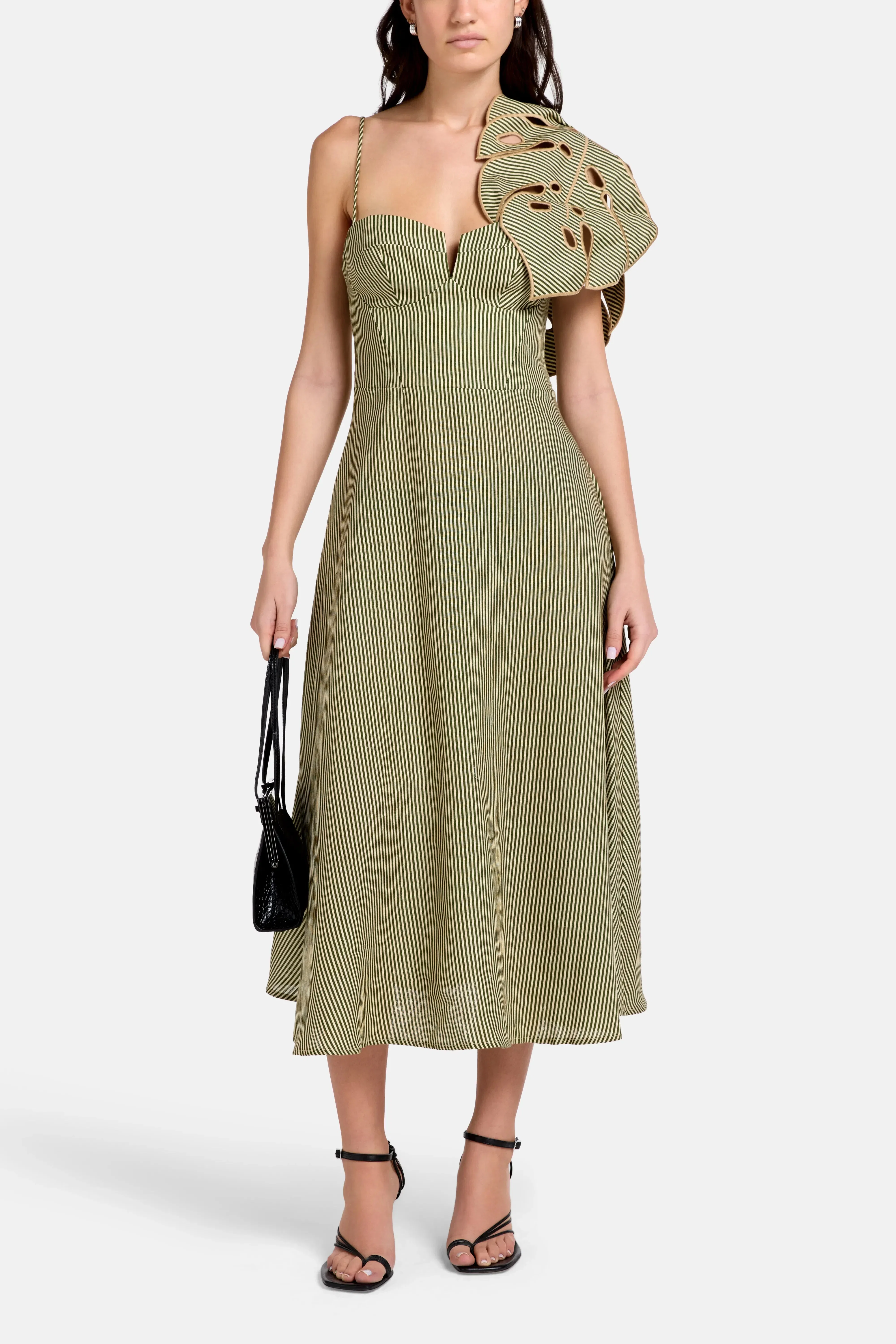 FARM Rio Striped Monstera Leaf Sleeveless Linen Midi Dress in Green