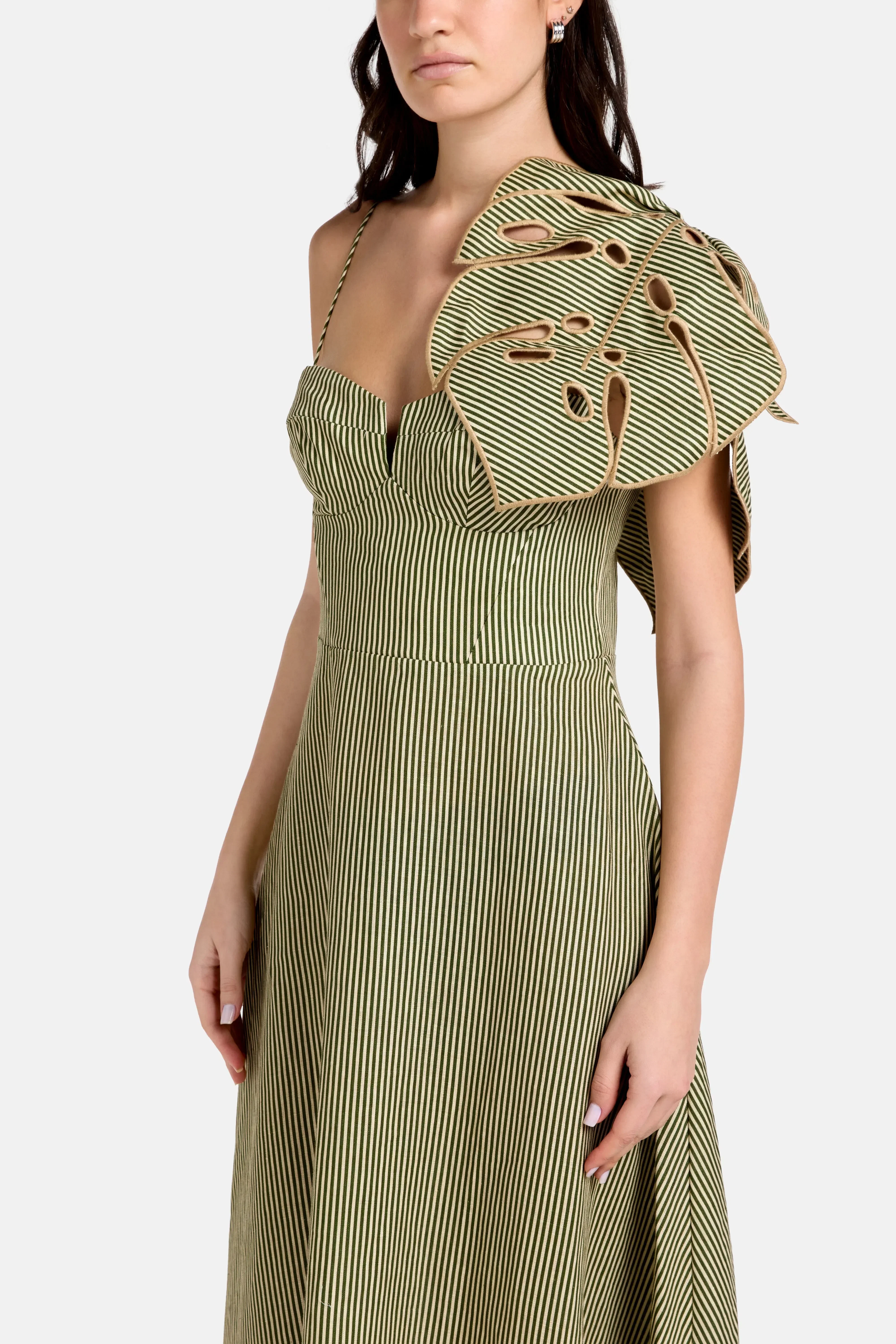 FARM Rio Striped Monstera Leaf Sleeveless Linen Midi Dress in Green