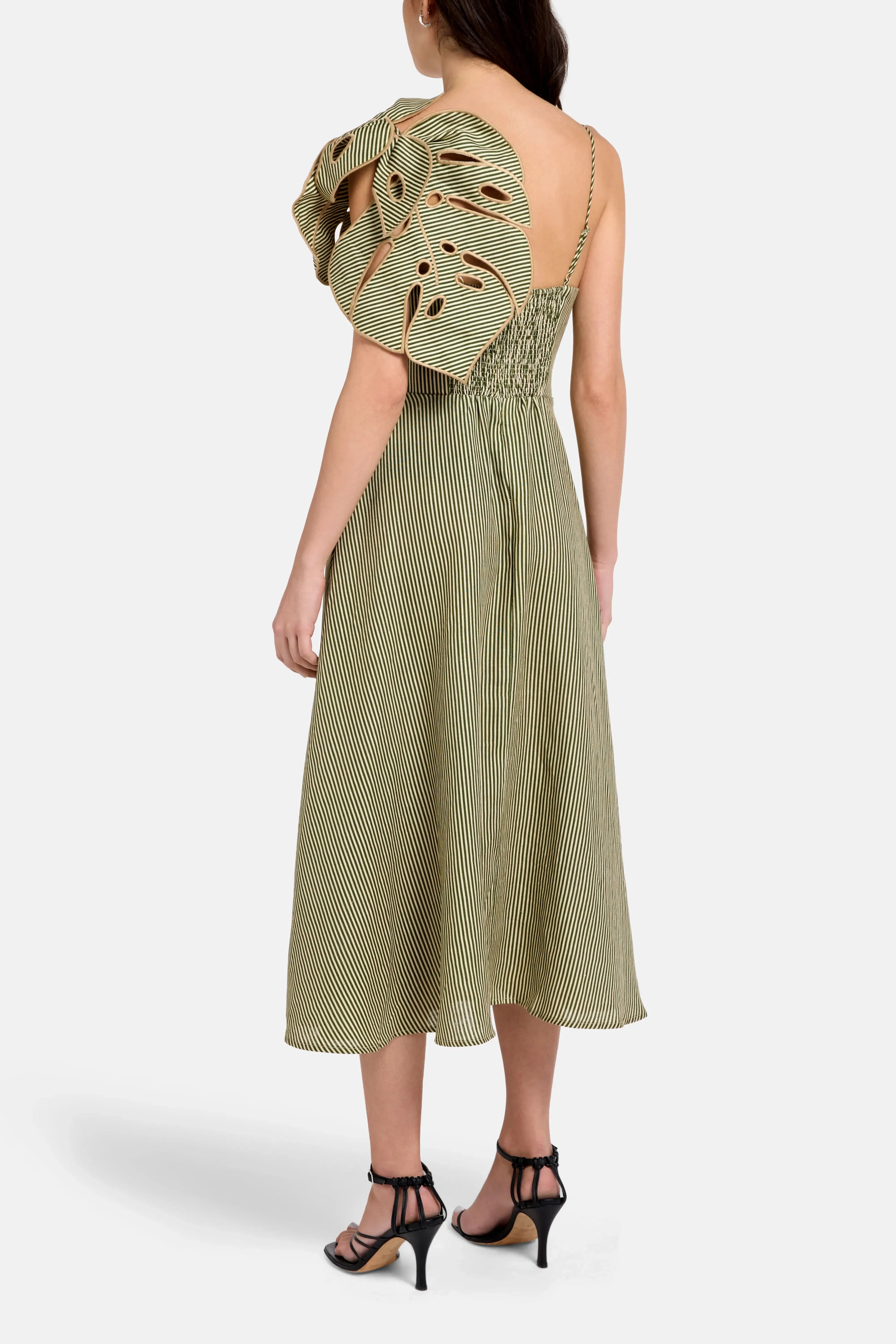 FARM Rio Striped Monstera Leaf Sleeveless Linen Midi Dress in Green