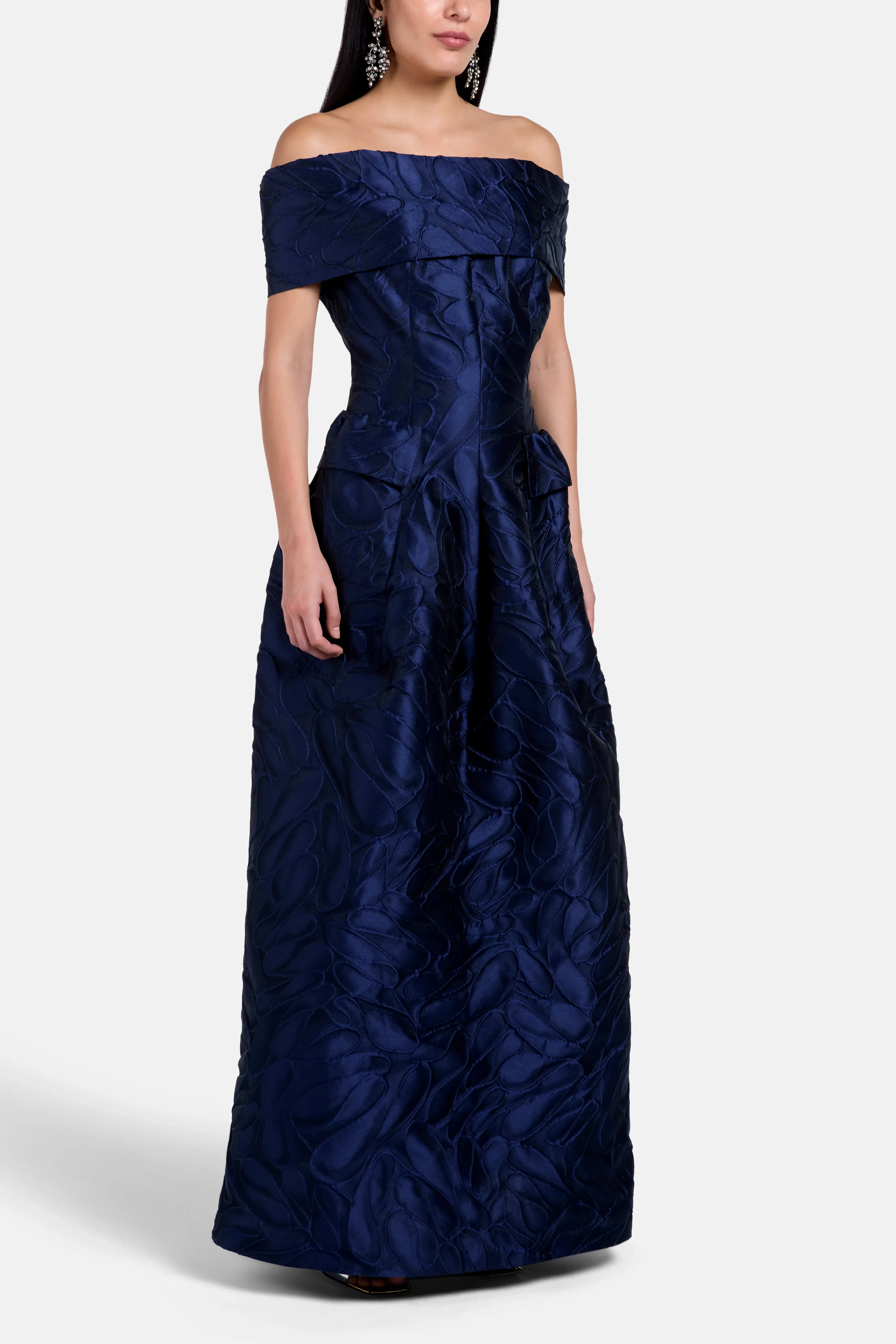 Talbot Runhof Honeydrop Jacquard Off Shoulder Evening Dress in Blue