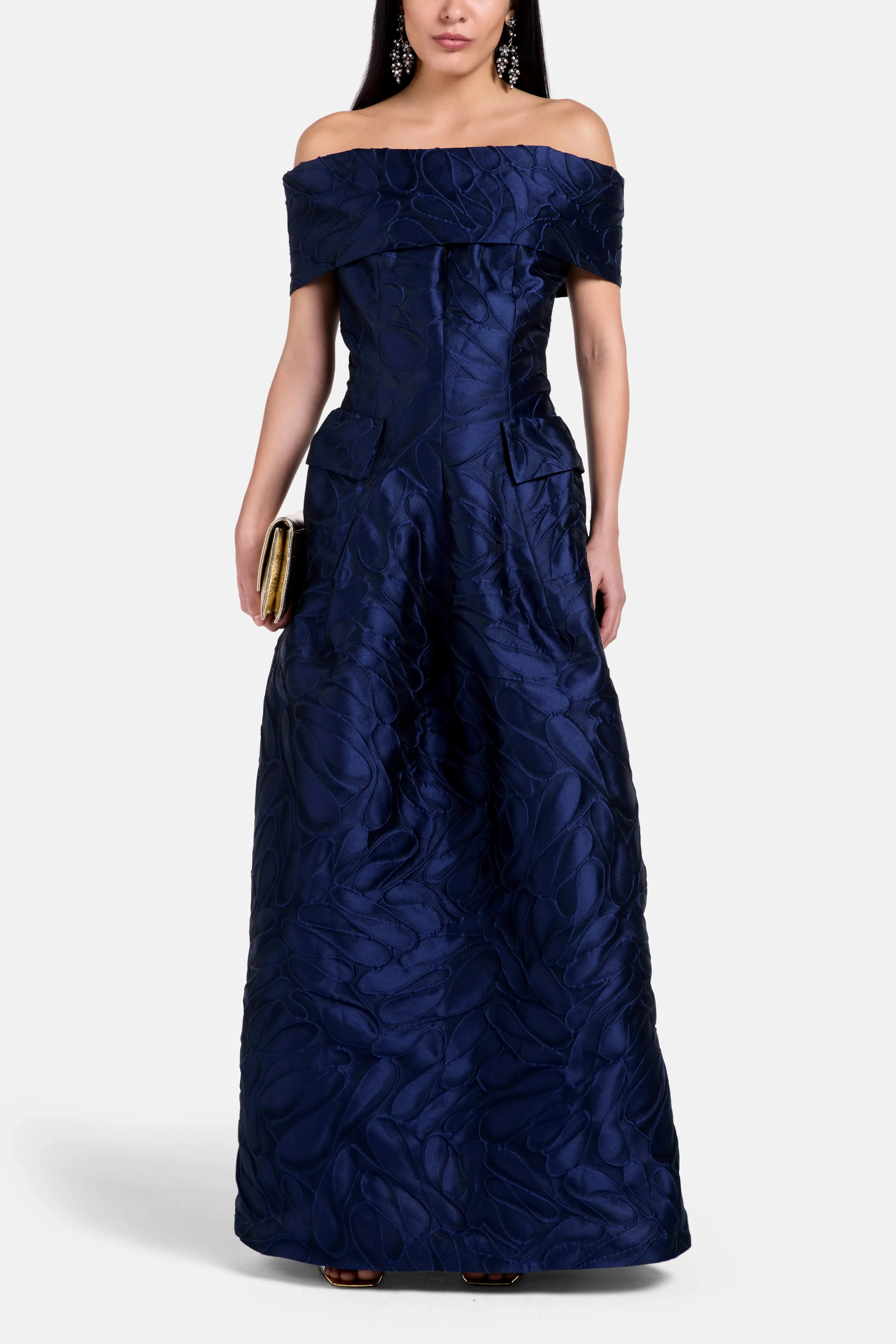 Talbot Runhof Honeydrop Jacquard Off Shoulder Evening Dress in Blue