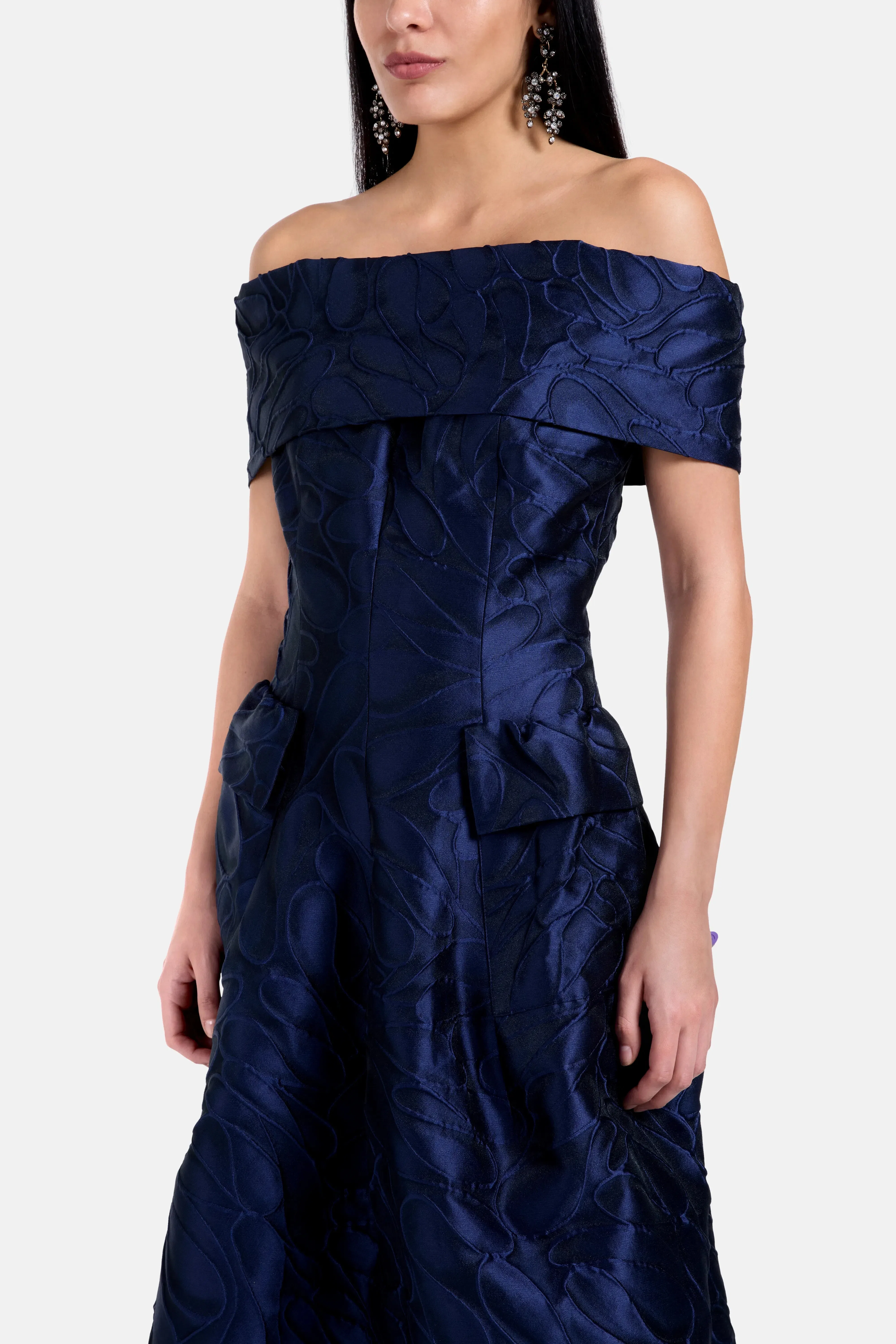 Talbot Runhof Honeydrop Jacquard Off Shoulder Evening Dress in Blue