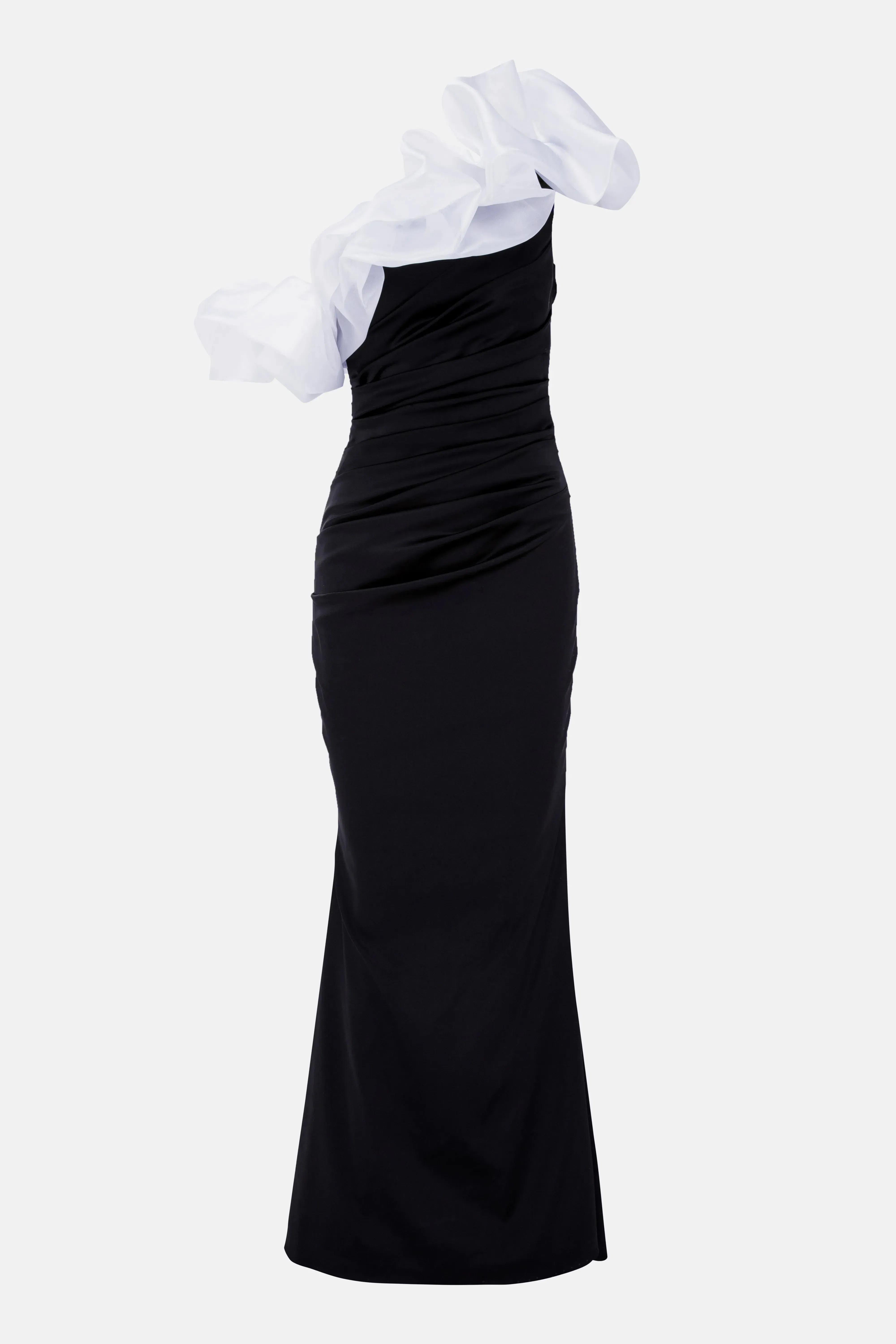 Talbot Runhof Satin & Gazar Mix One Shoulder Evening Dress in Black and White