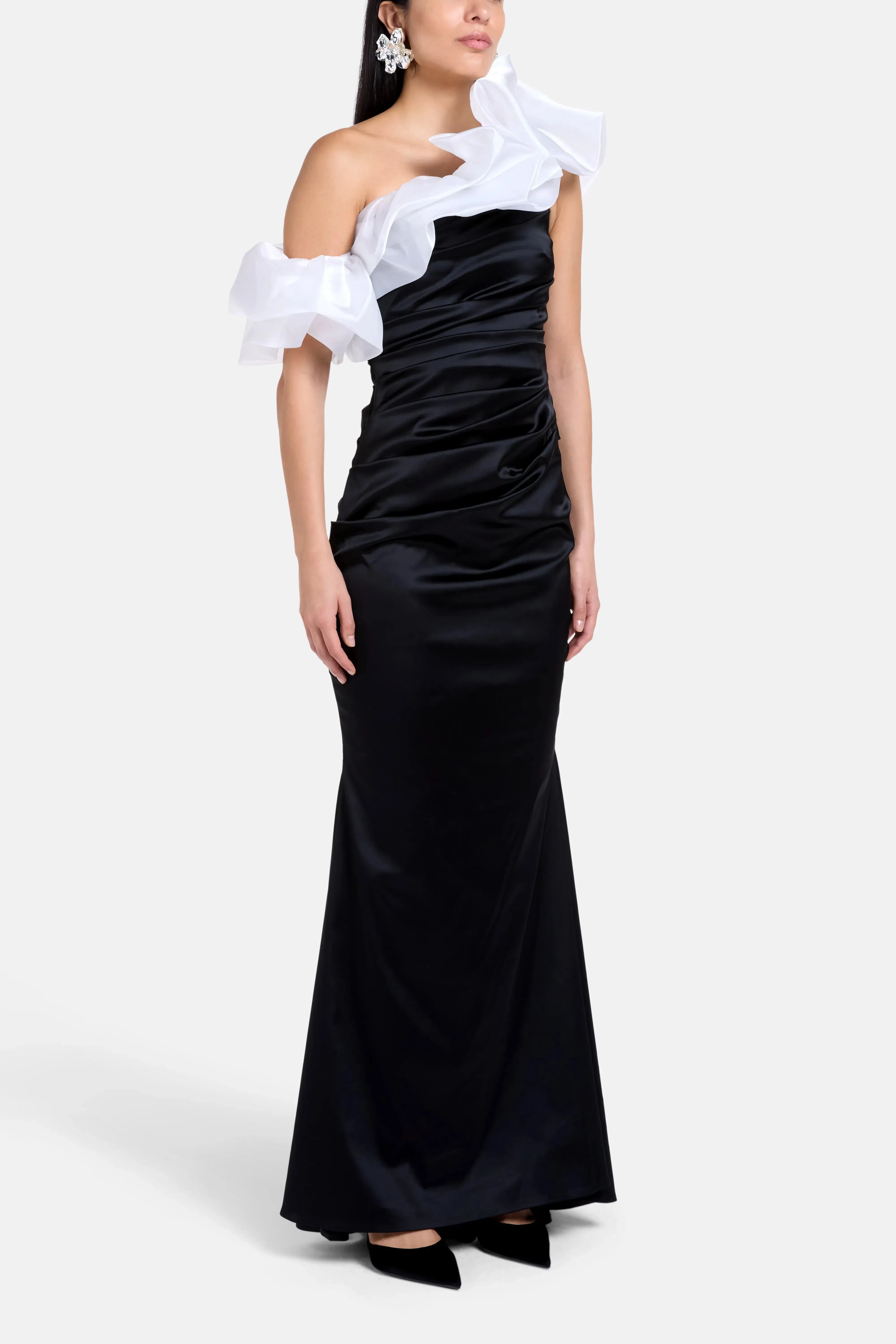 Talbot Runhof Satin & Gazar Mix One Shoulder Evening Dress in Black and White