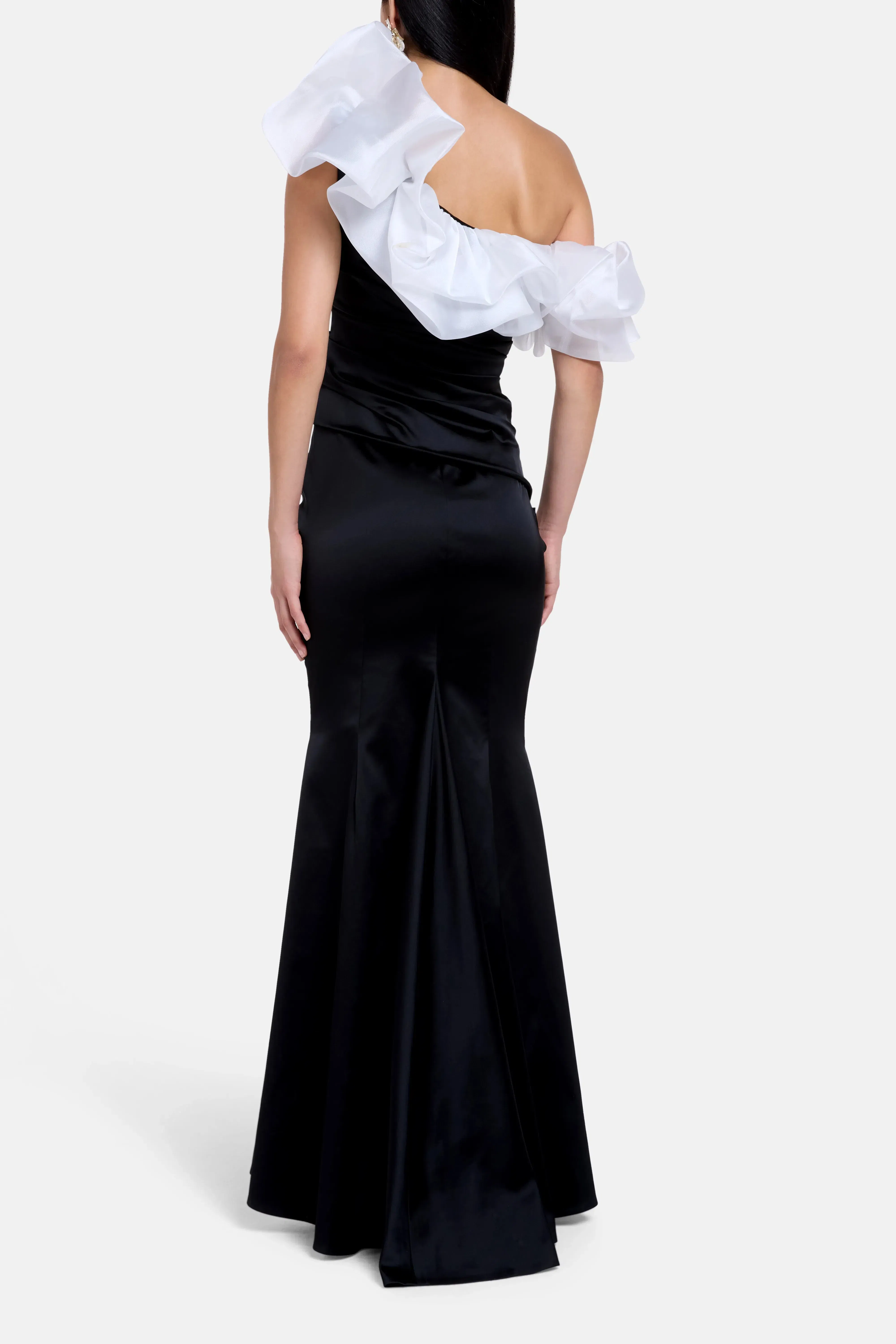 Talbot Runhof Satin & Gazar Mix One Shoulder Evening Dress in Black and White