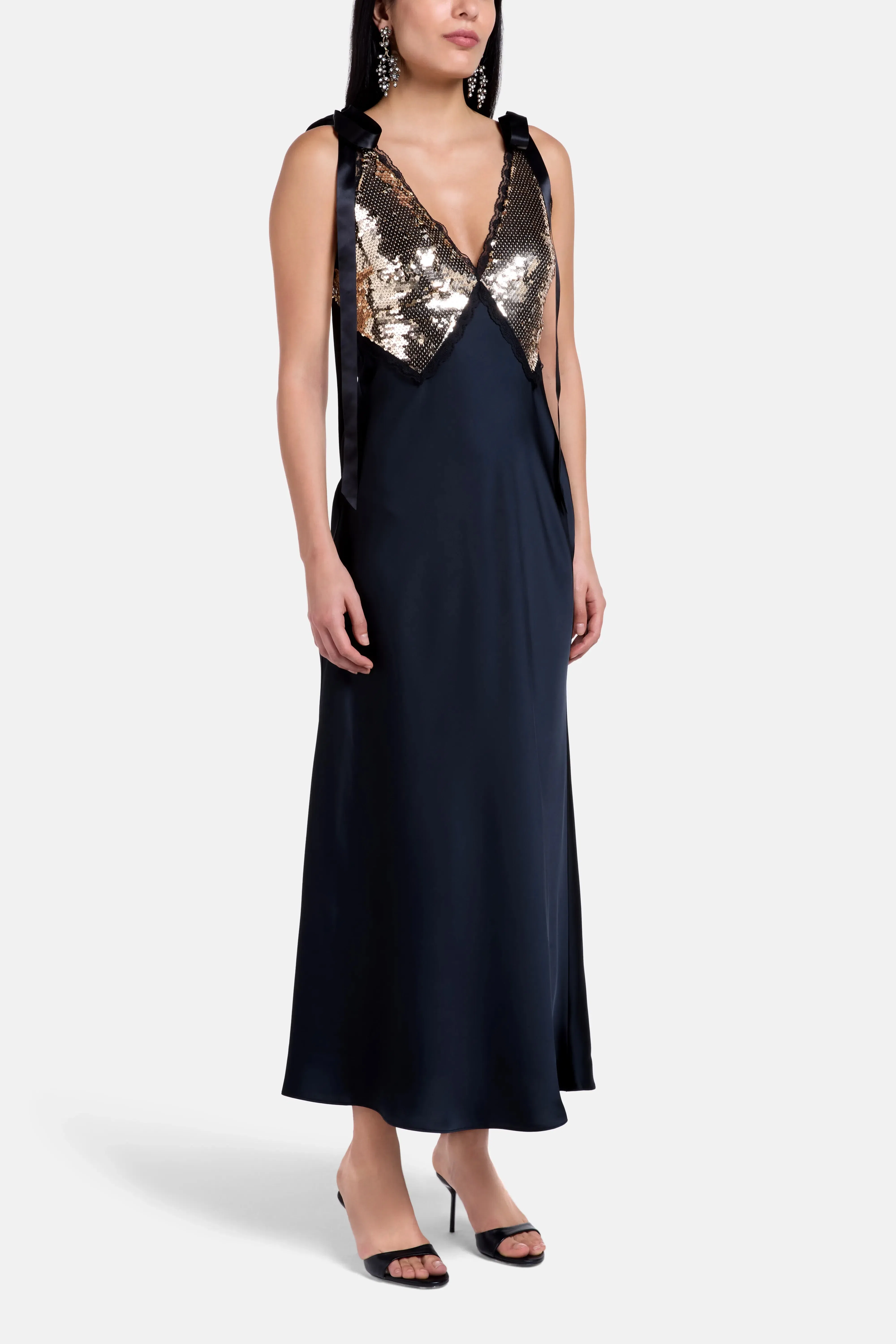 LoveShackFancy Talissa Sequins Sleeveless Evening Dress In Black