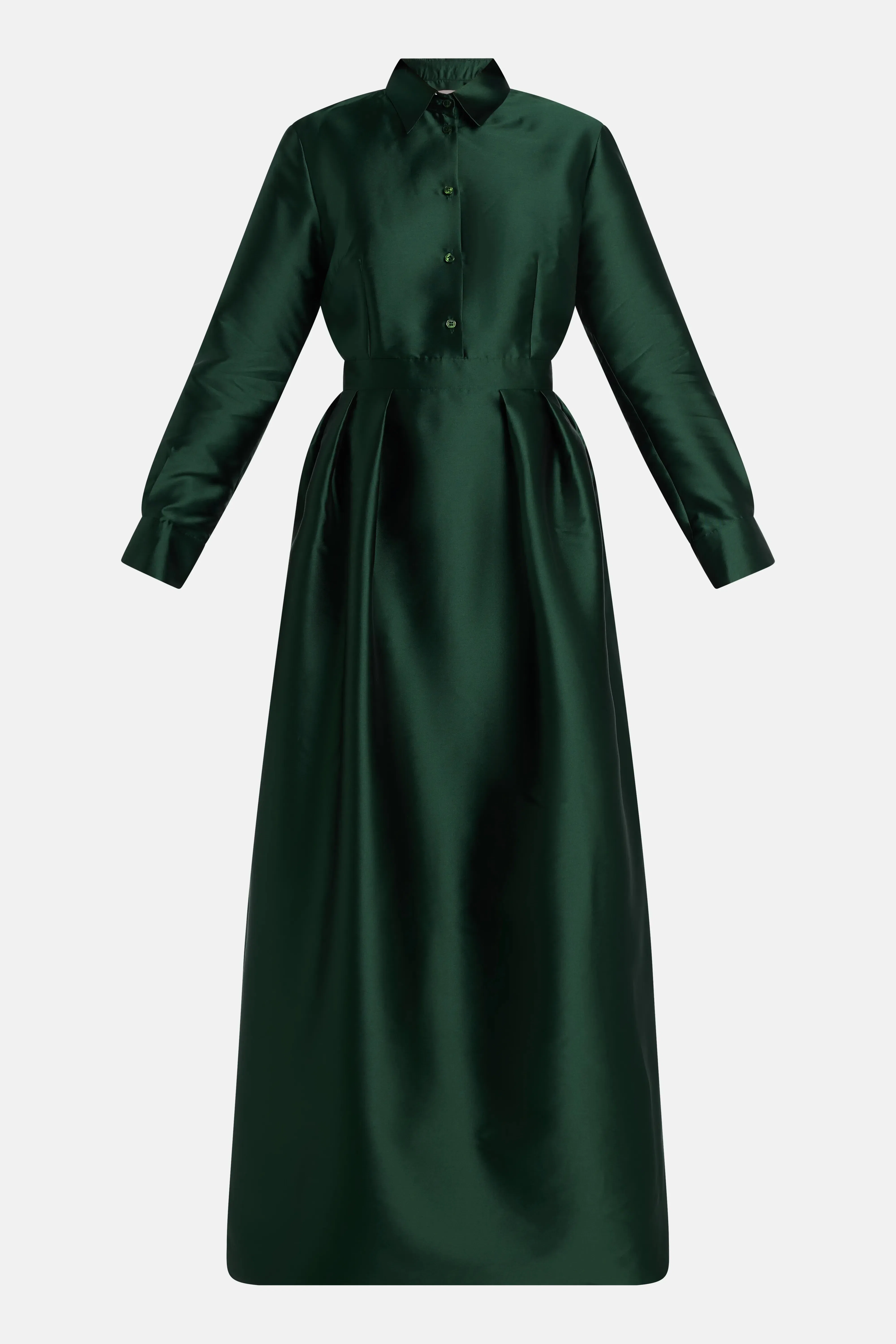 Greta Constantine Trompe Loeil Shirt Evening Gown in Green with Button Placket