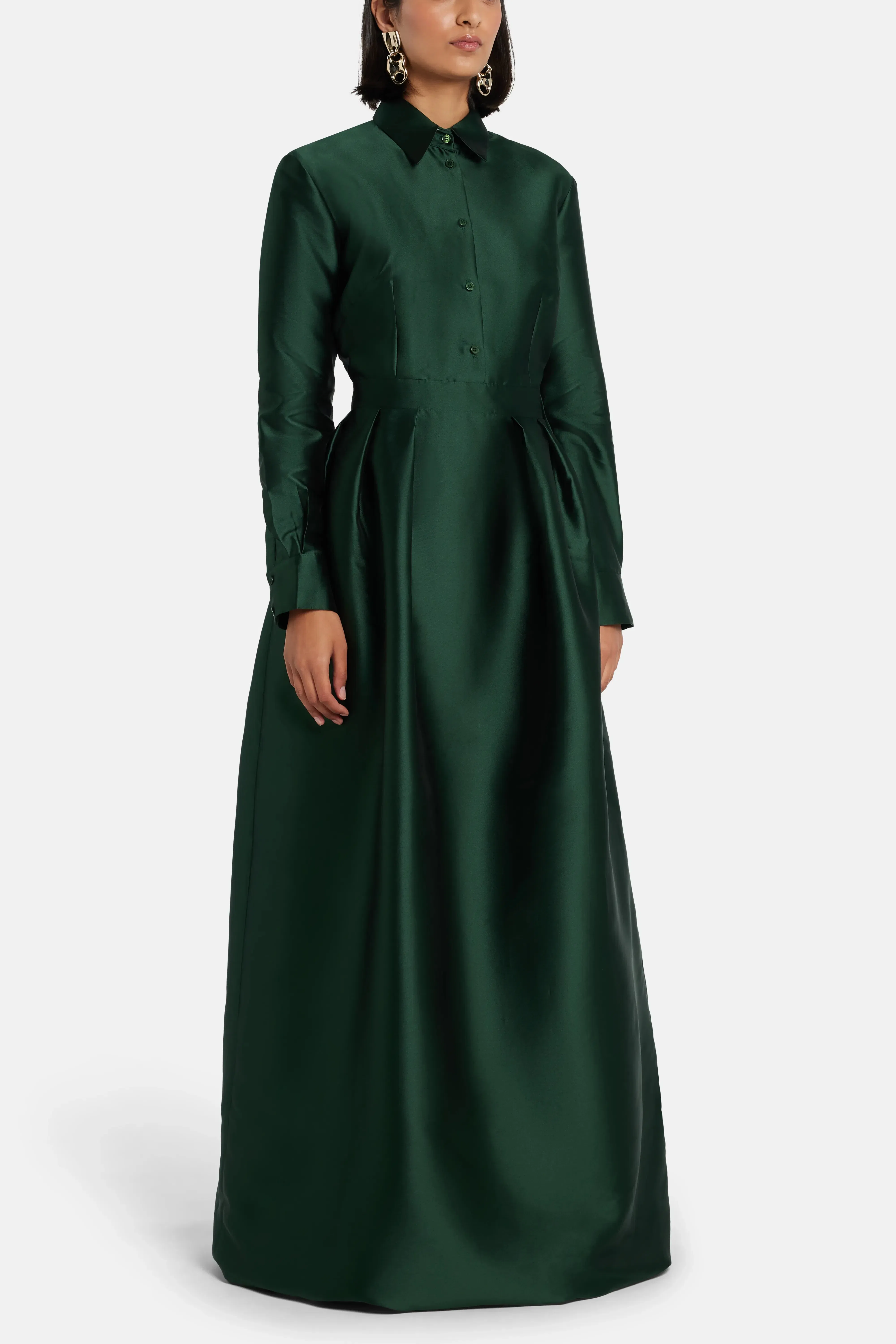 Greta Constantine Trompe Loeil Shirt Evening Gown in Green with Button Placket