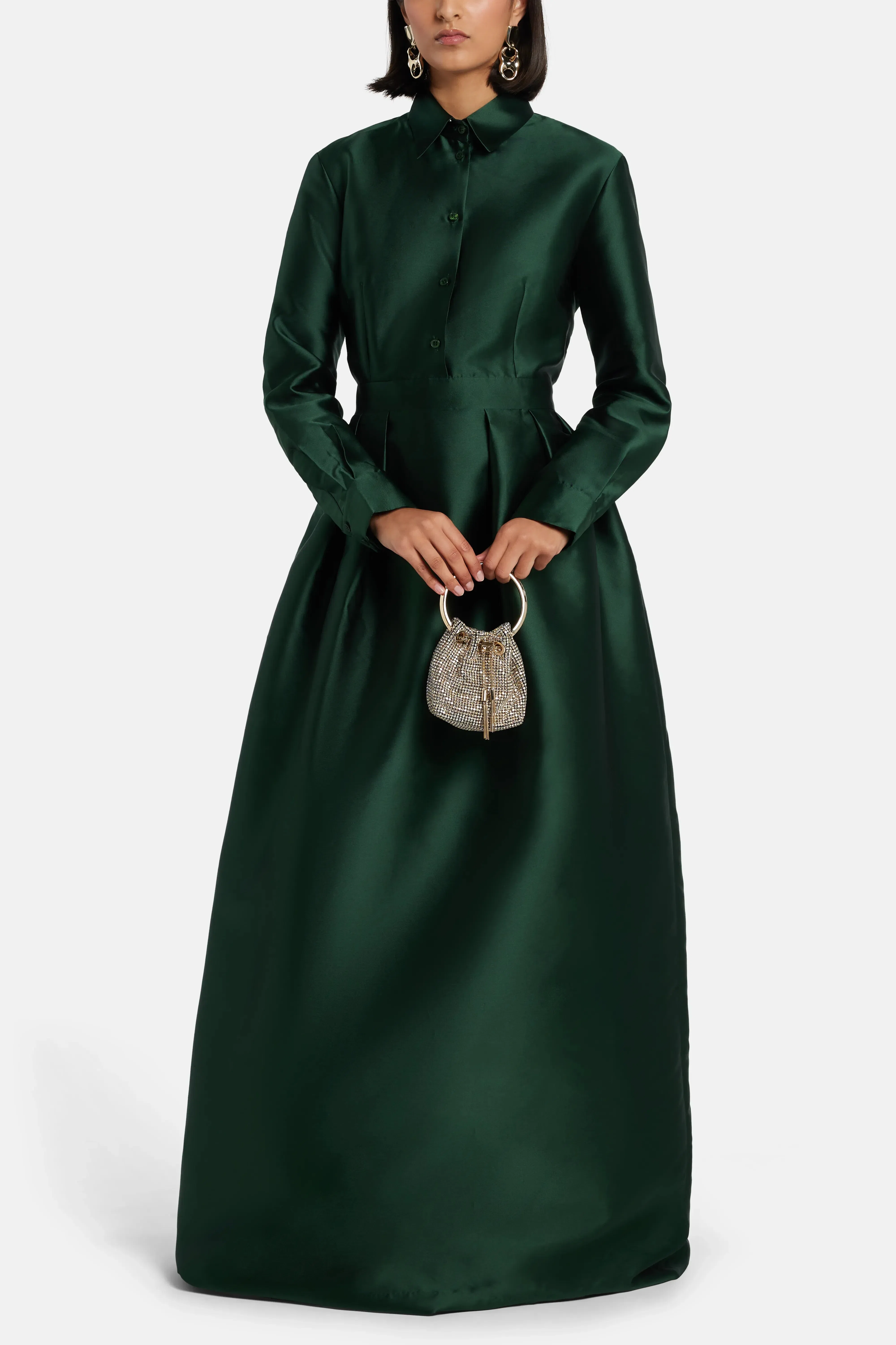 Greta Constantine Trompe Loeil Shirt Evening Gown in Green with Button Placket