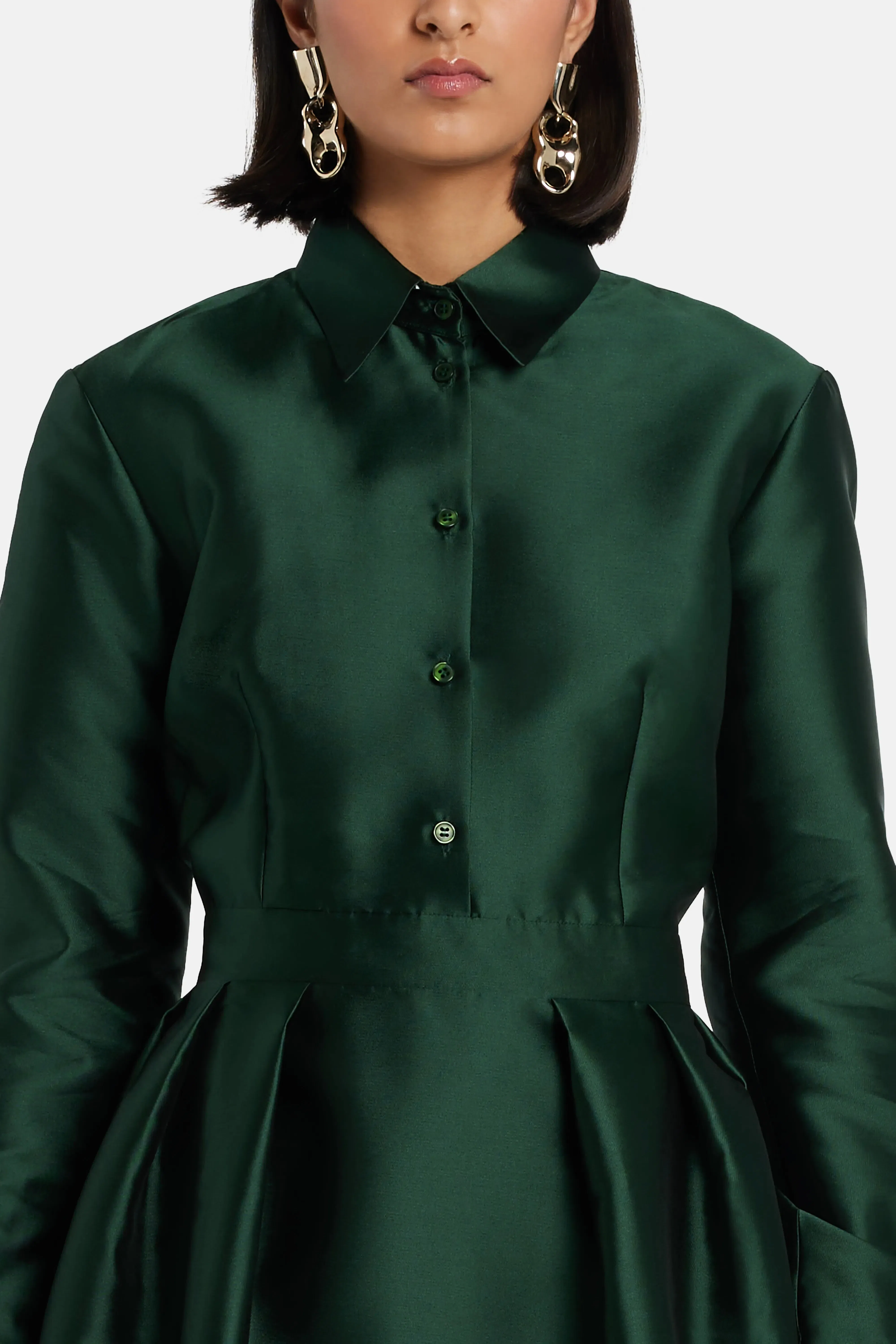 Greta Constantine Trompe Loeil Shirt Evening Gown in Green with Button Placket