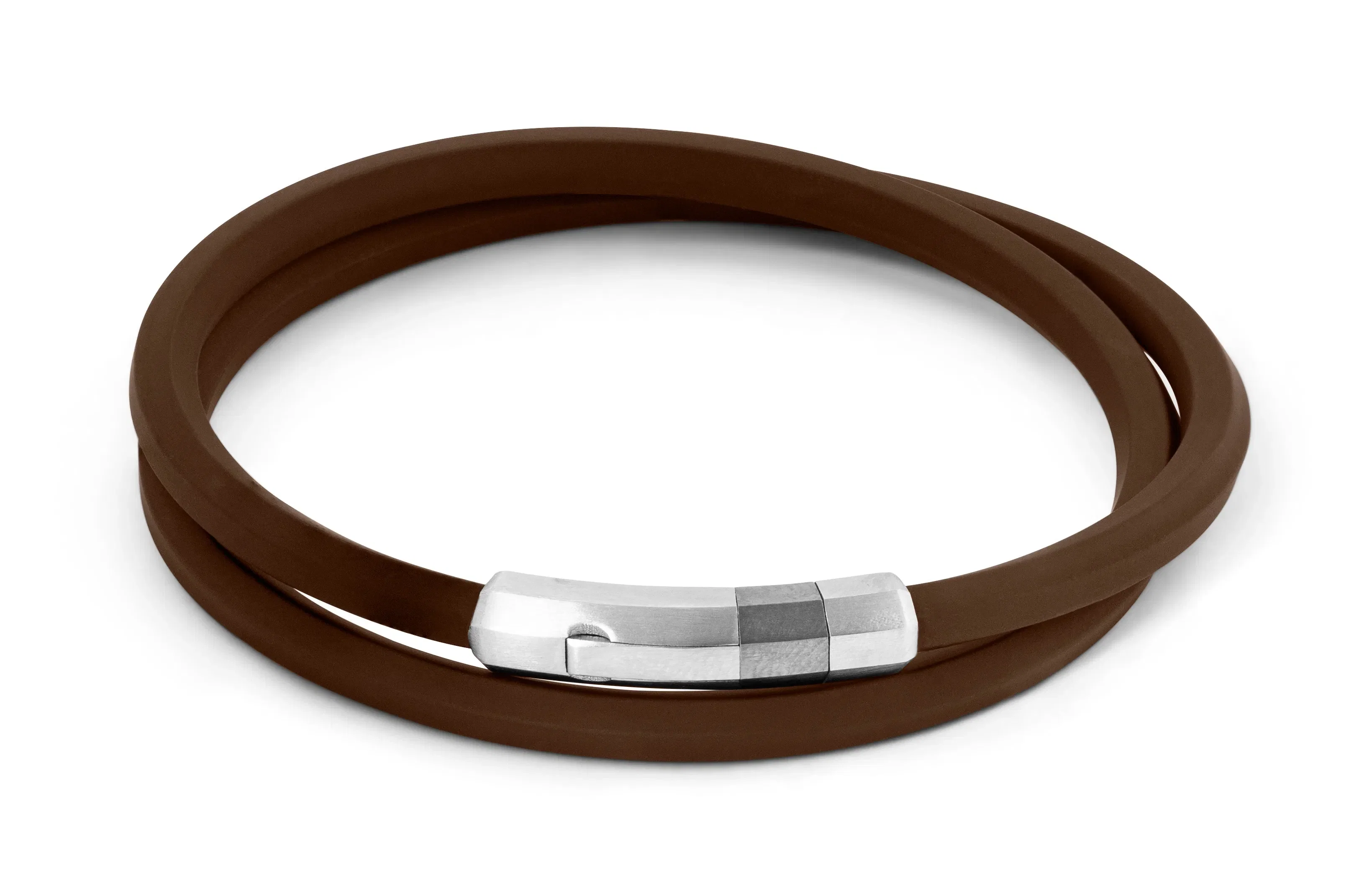 Tateossian Brown rubber Octagon click bracelet with rhodium-plated sterling silver