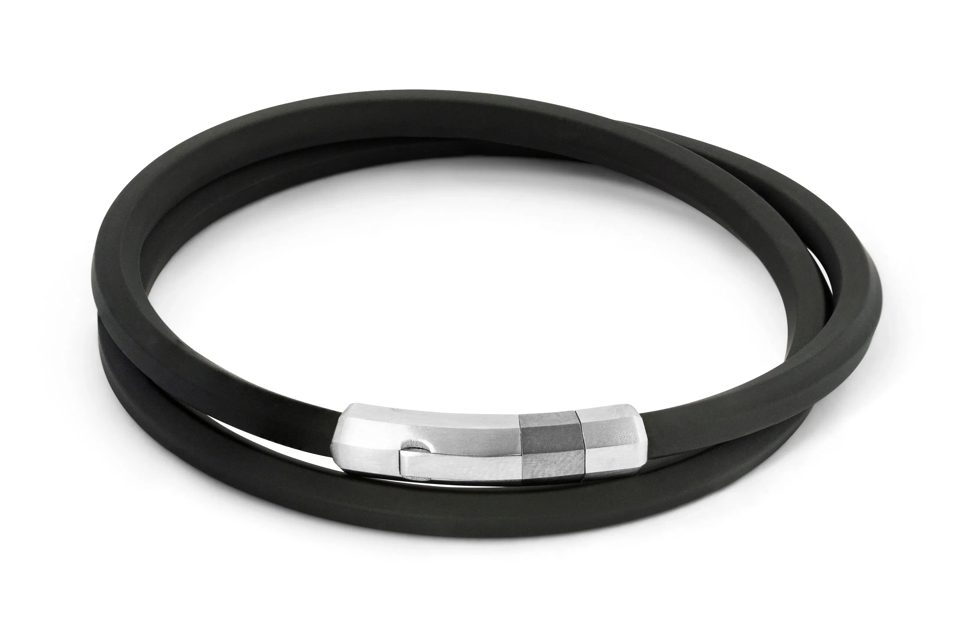 Tateossian Black rubber Octagon click bracelet with rhodium-plated sterling silver