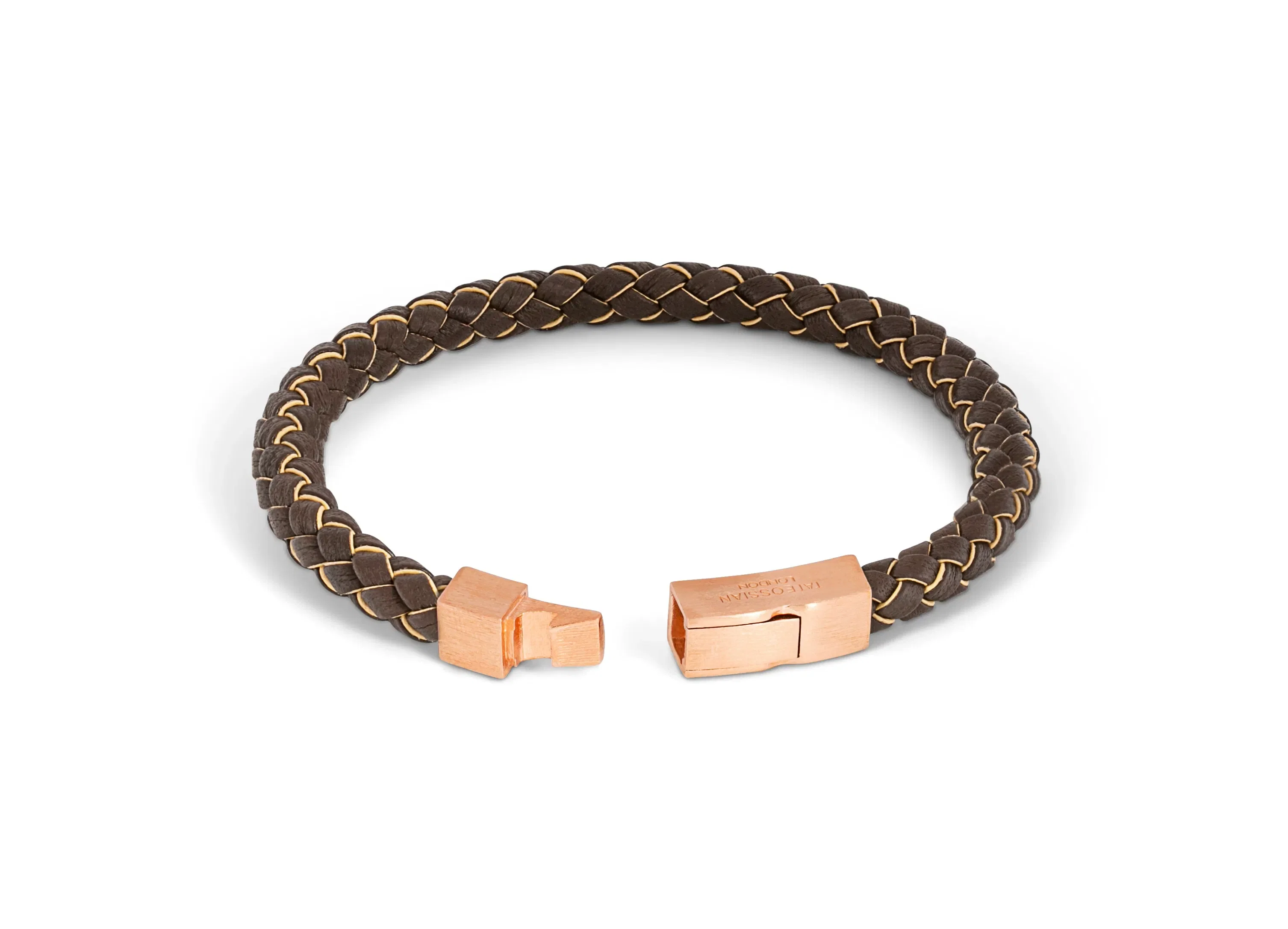 Tateossian Click Tocco bracelet in beige piped Italian brown leather with rose gold plated sterling silver