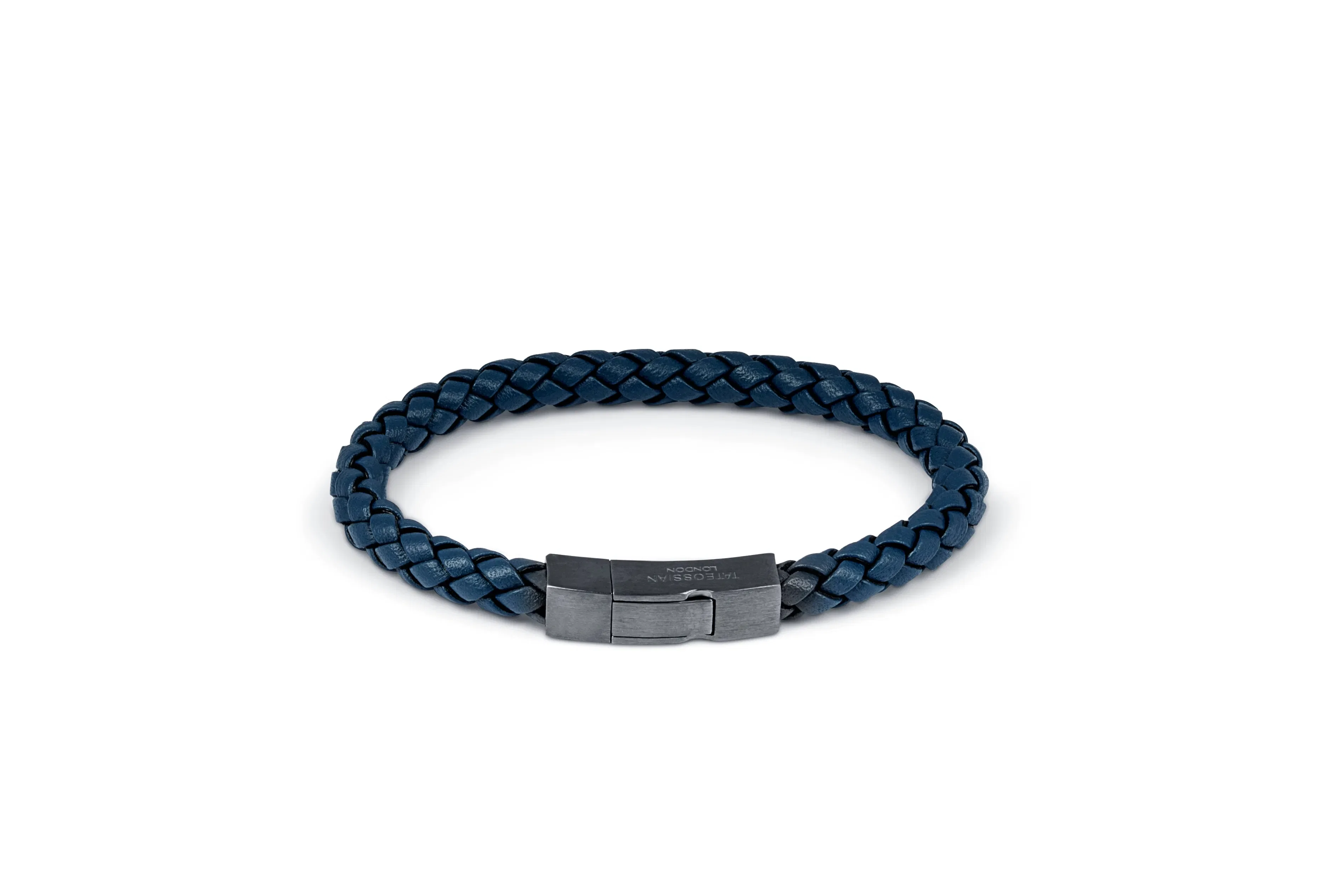 Tateossian Click Tocco bracelet in grey piped Italian blue leather with black rhodium plated sterling silver