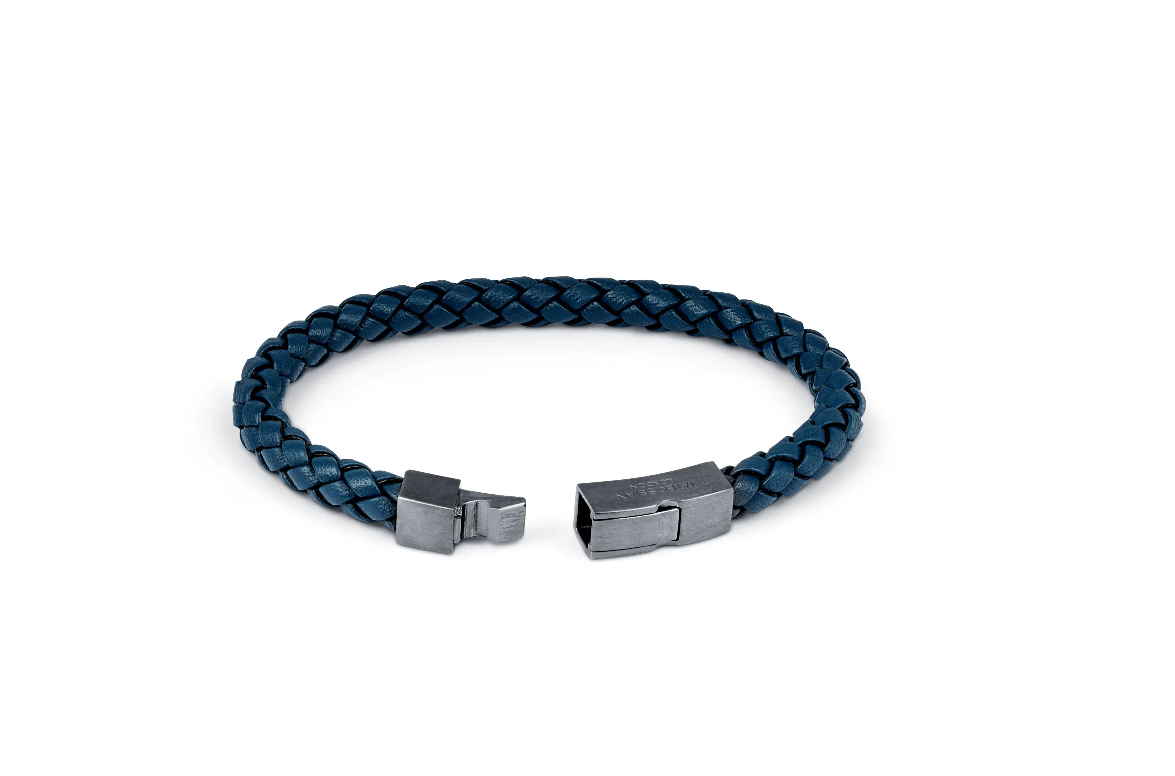 Tateossian Click Tocco bracelet in grey piped Italian blue leather with black rhodium plated sterling silver