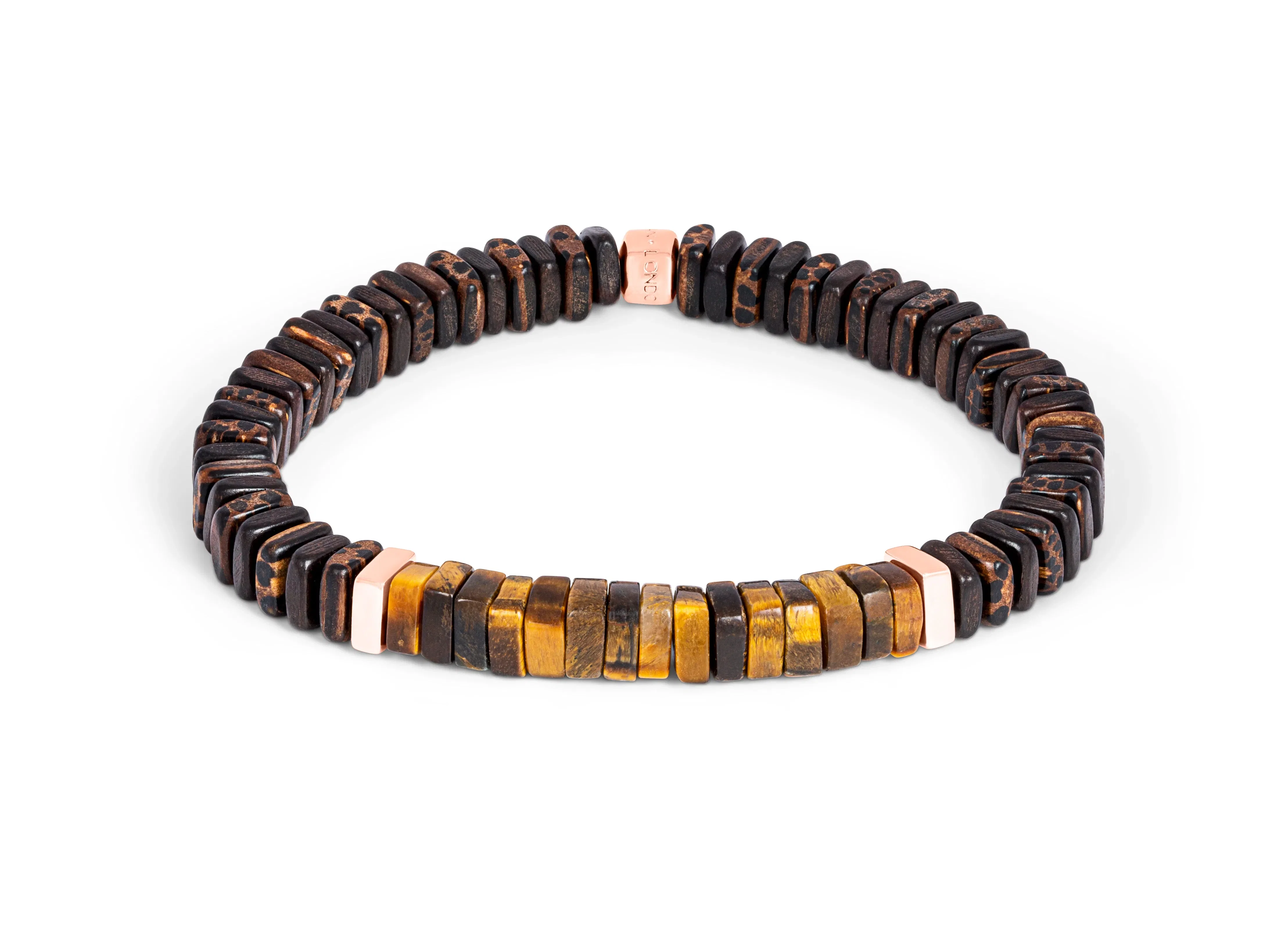 Tateossian Legno bracelet in tiger eye, palm and ebony wood with rose gold plated sterling silver