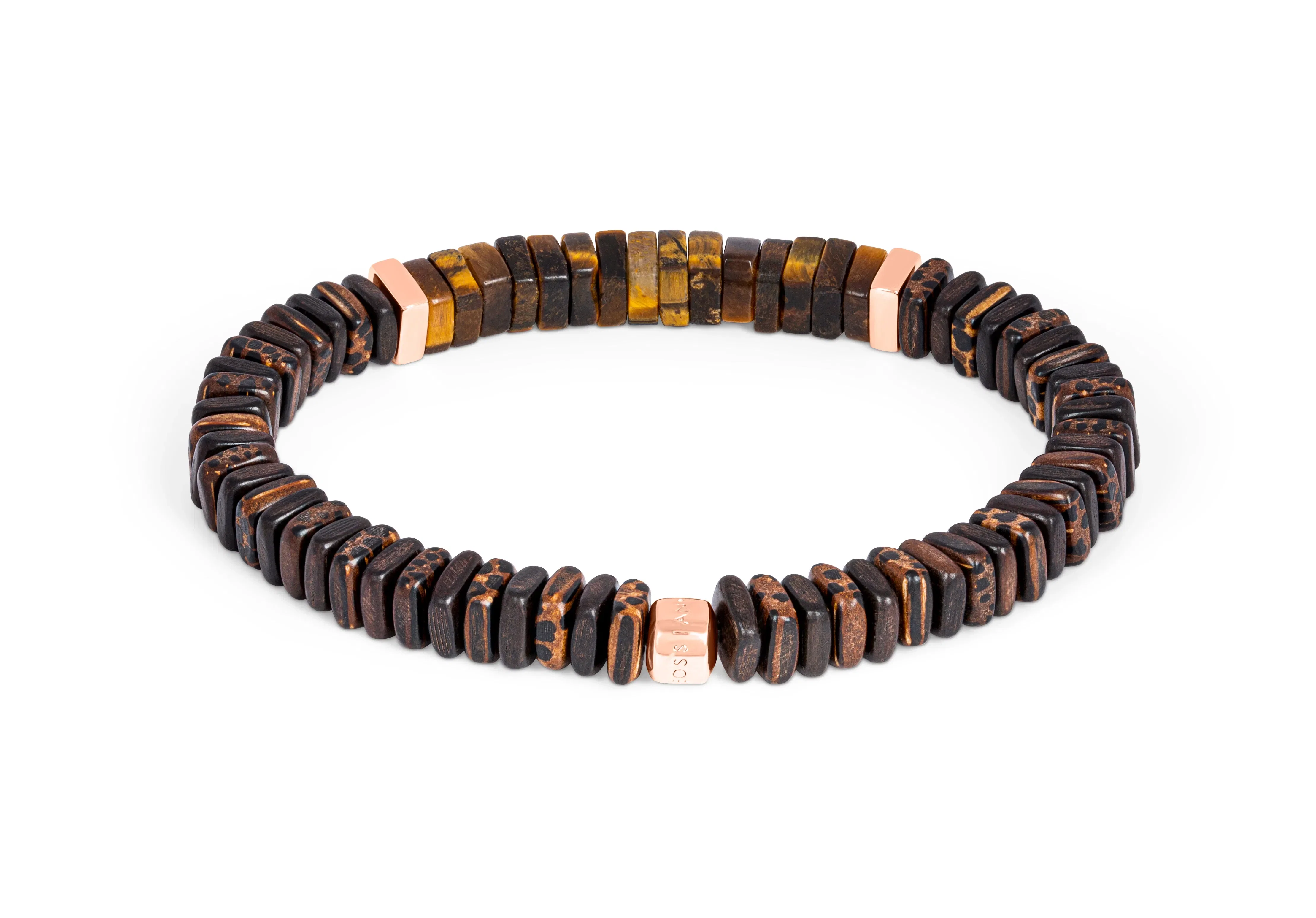 Tateossian Legno bracelet in tiger eye, palm and ebony wood with rose gold plated sterling silver