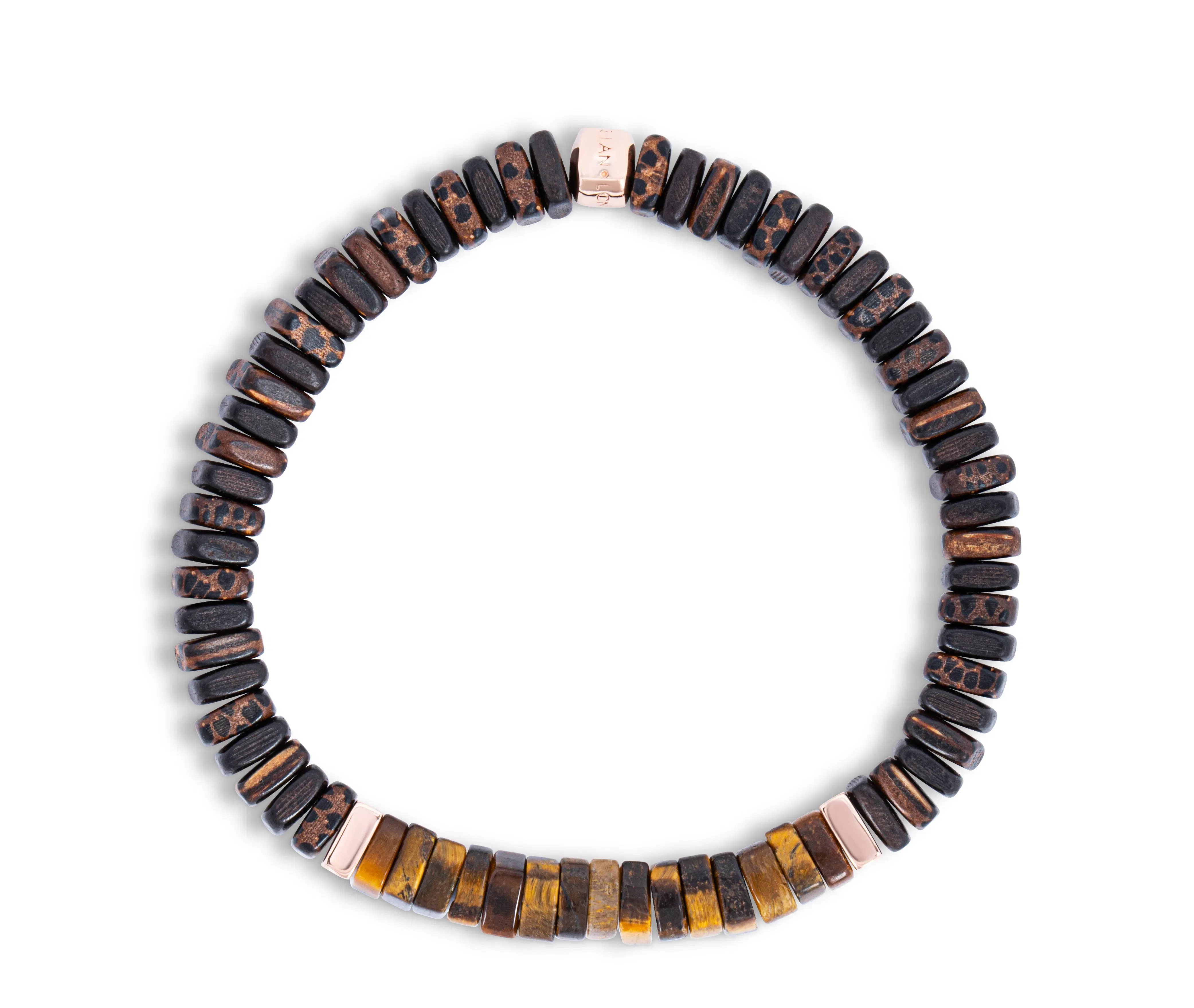 Tateossian Legno bracelet in tiger eye, palm and ebony wood with rose gold plated sterling silver