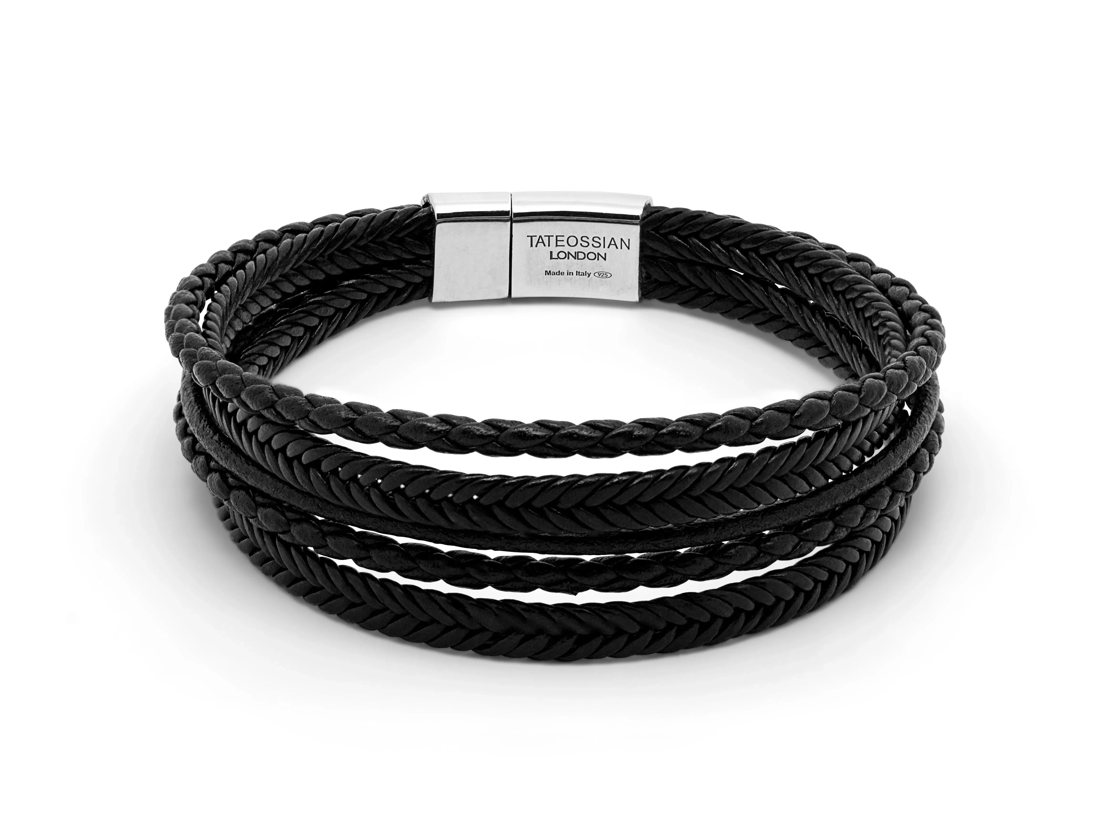 Tateossian Cobra Multi-Strand bracelet in Italian black leather with sterling silver