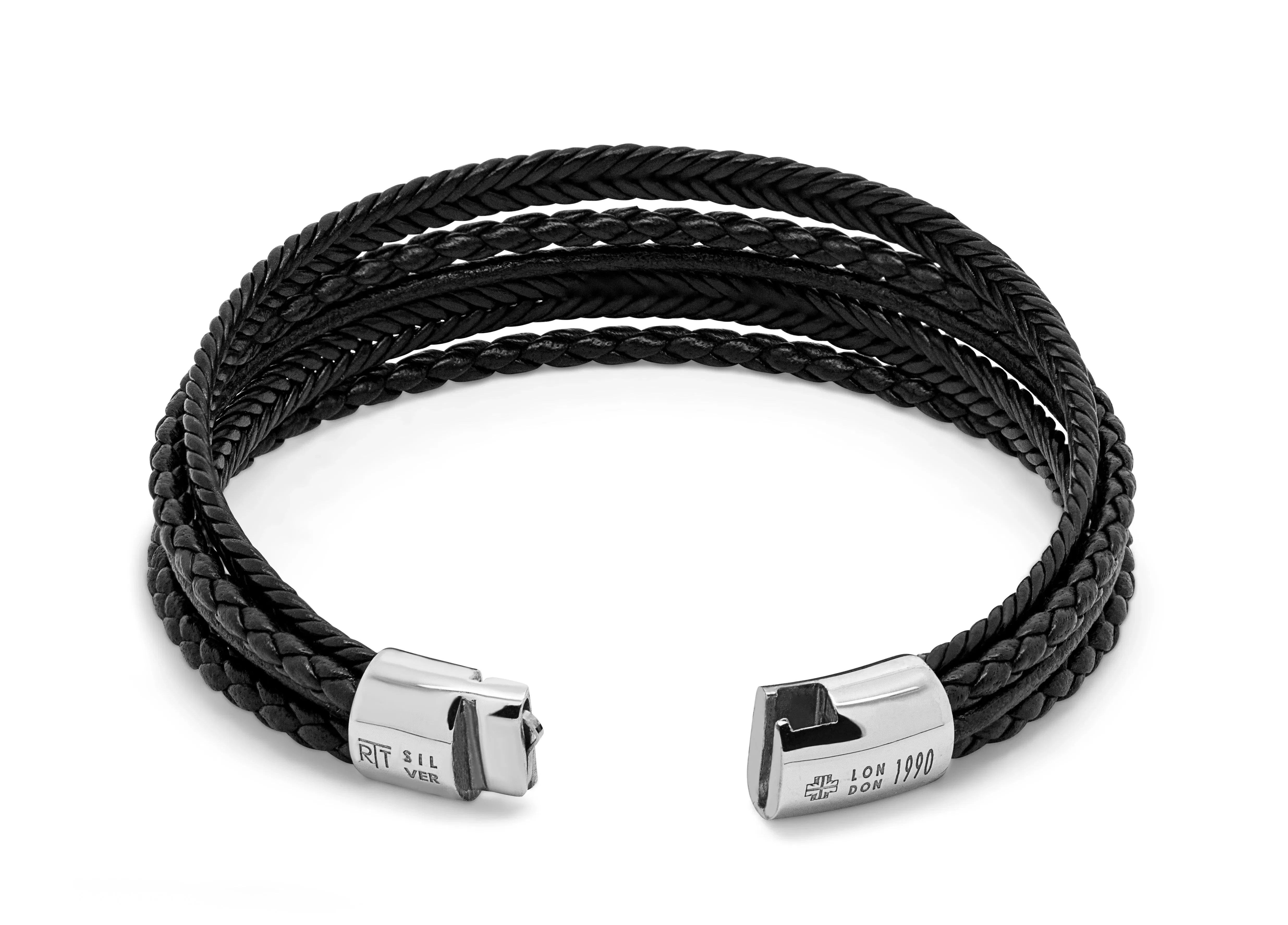 Tateossian Cobra Multi-Strand bracelet in Italian black leather with sterling silver