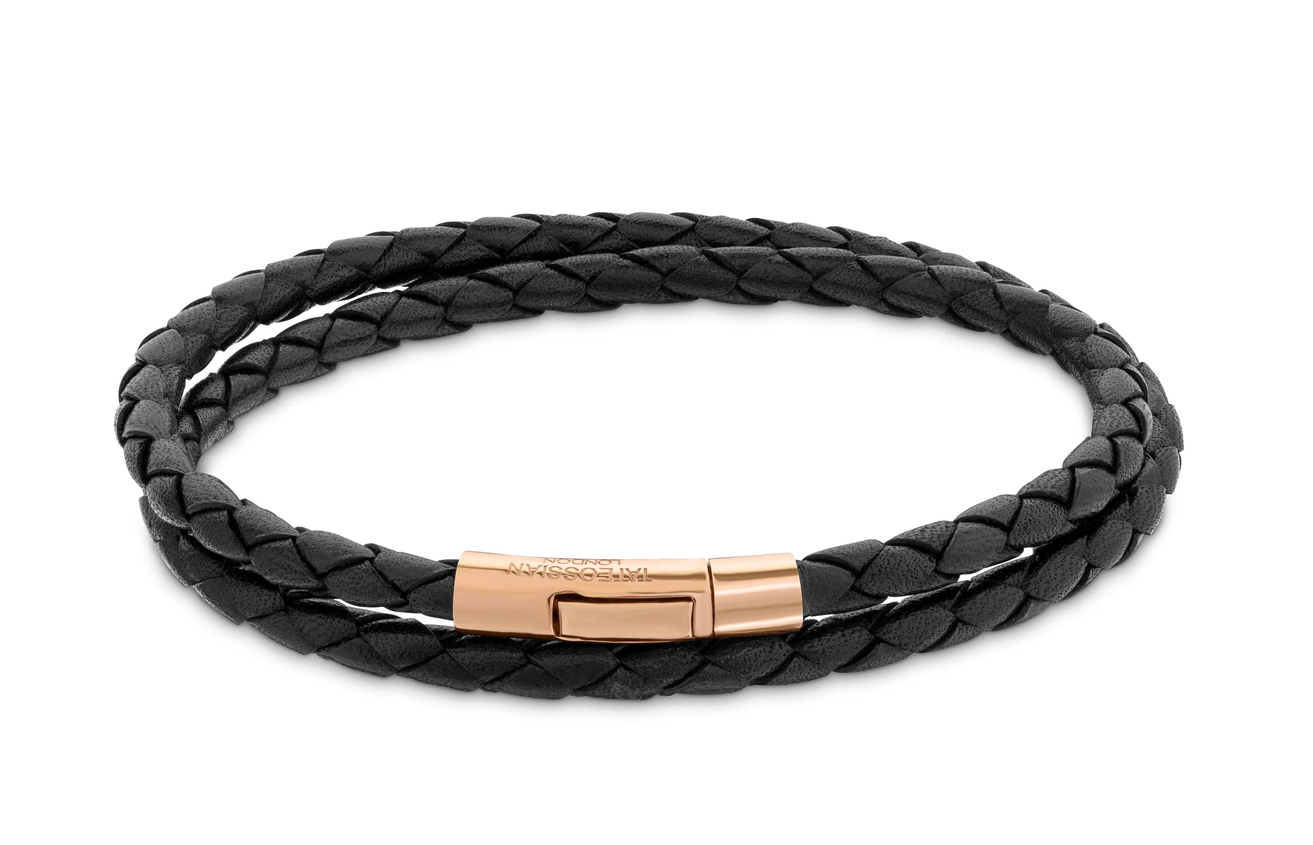 Tateossian Tubo Scoubidou double wrap bracelet in black leather with 18k rose gold