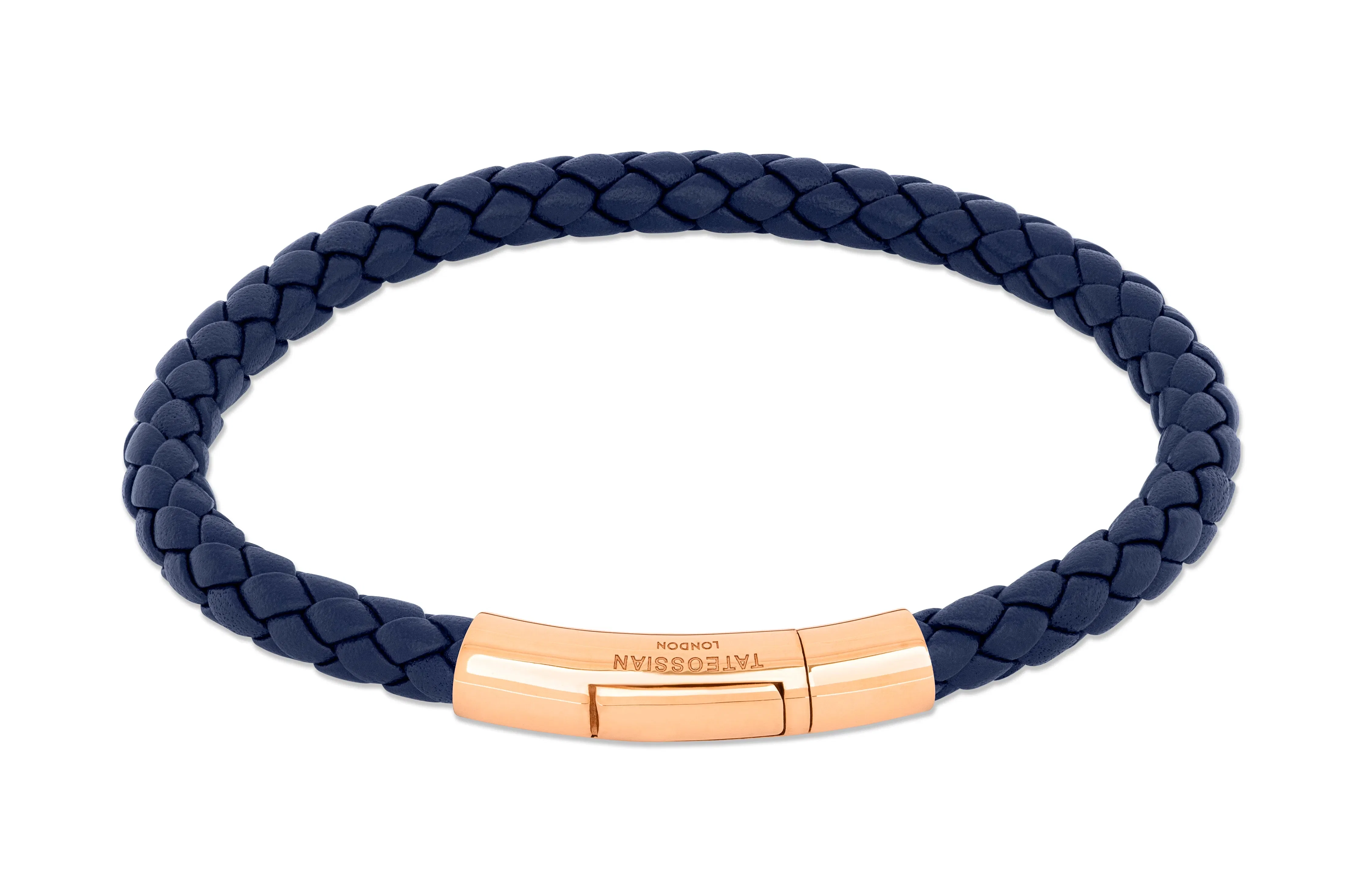 Tateossian Tubo Taito bracelet in navy leather with 18k rose gold