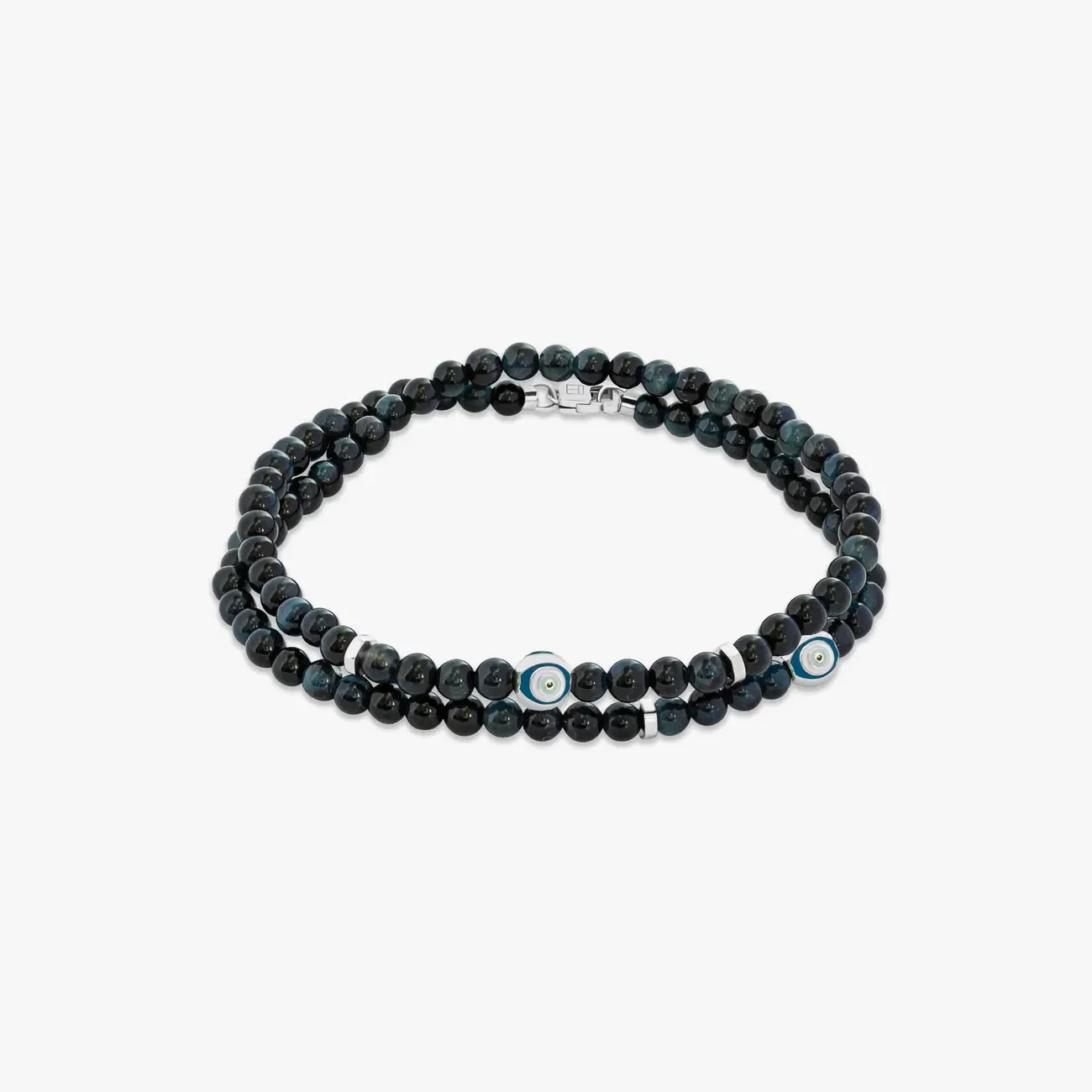 Tateossian Evil Eye Beaded Bracelet In Blue Tiger Eye With Sterling Silver