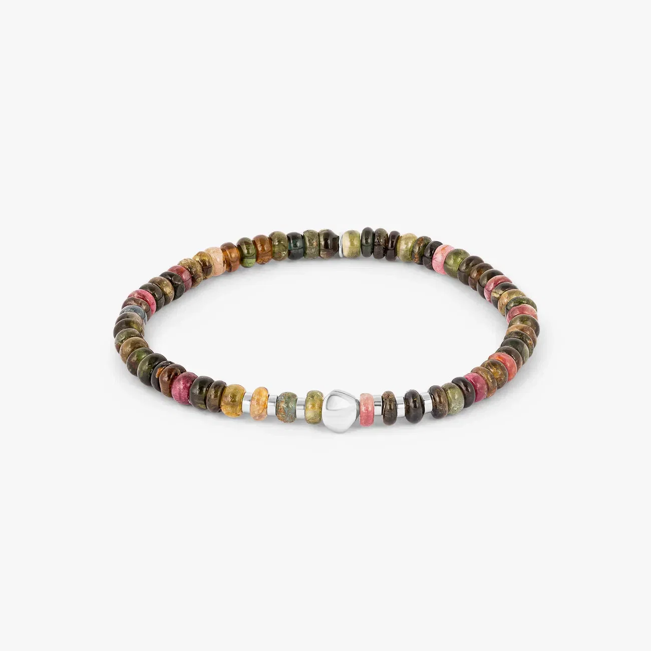 Tateossian Nepal Nugget Beaded Bracelet in Rhodium Silver with Multicolour Tourmaline