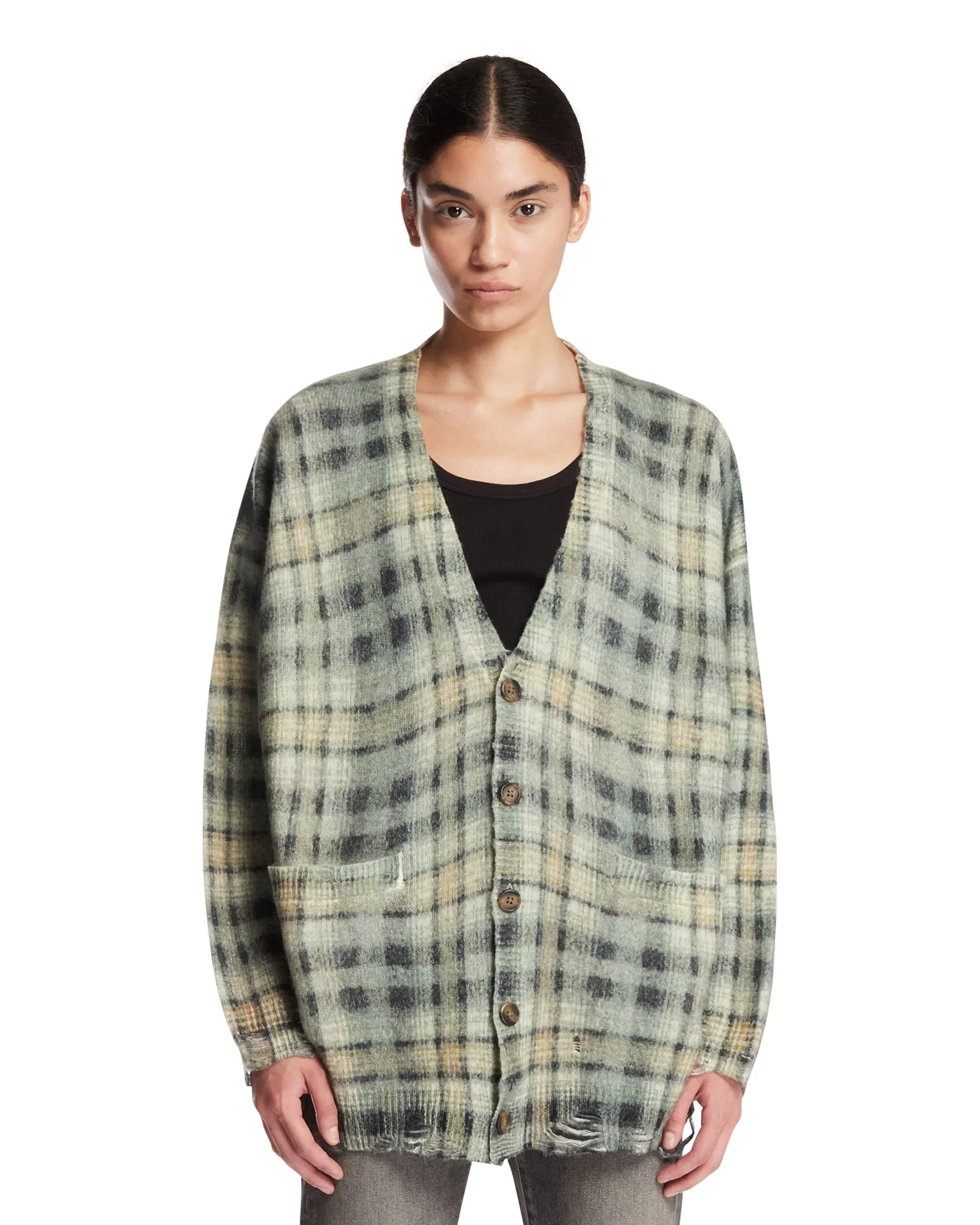 R13 Cardigan In Lana A Quadri Verde
