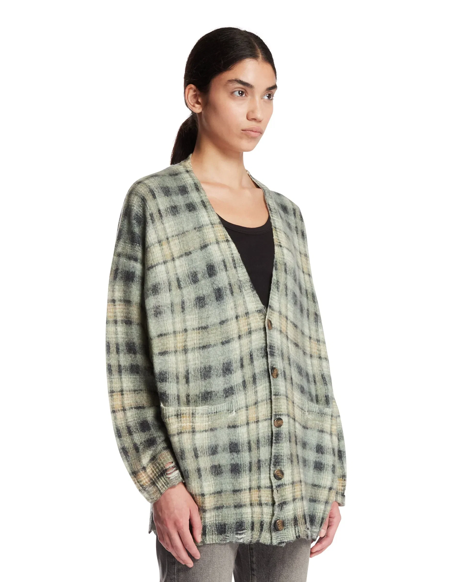 R13 Cardigan In Lana A Quadri Verde