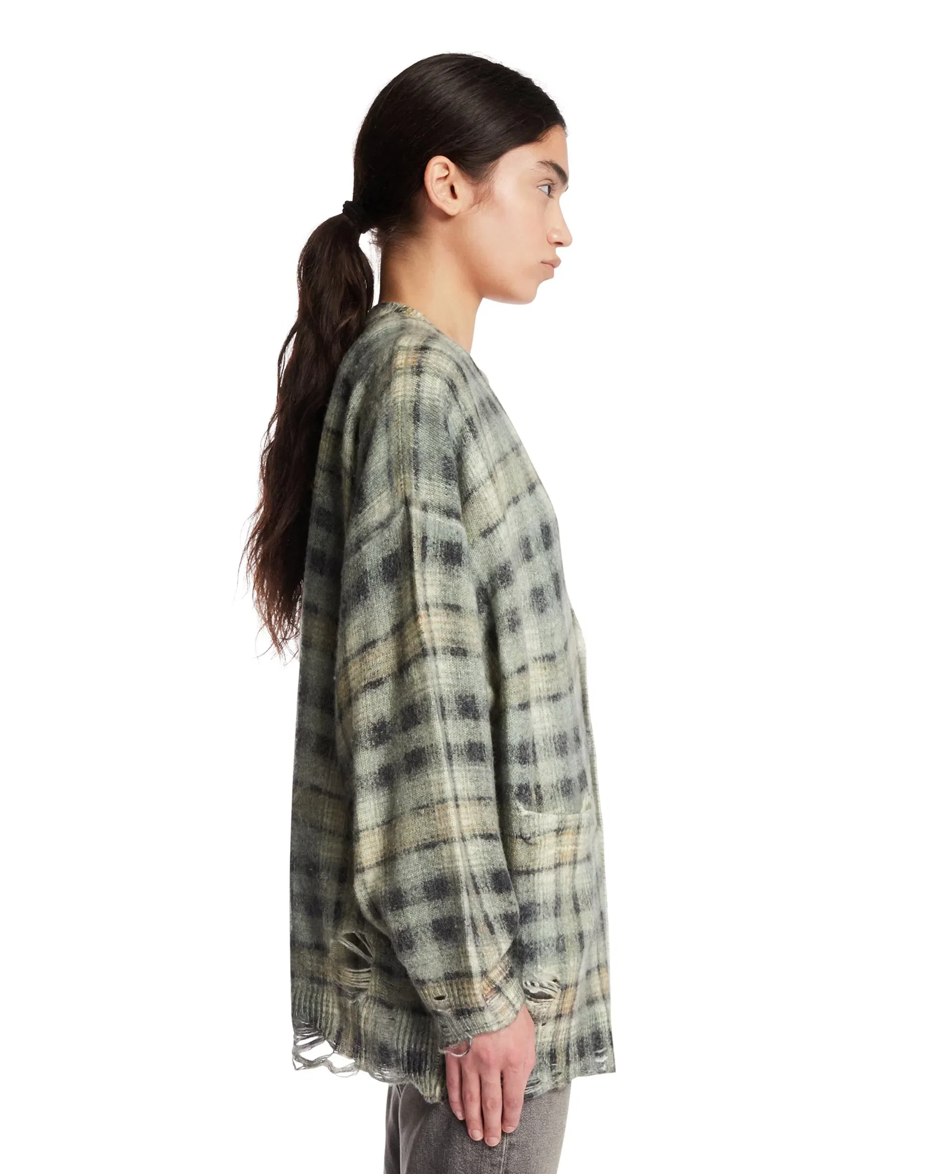 R13 Cardigan In Lana A Quadri Verde