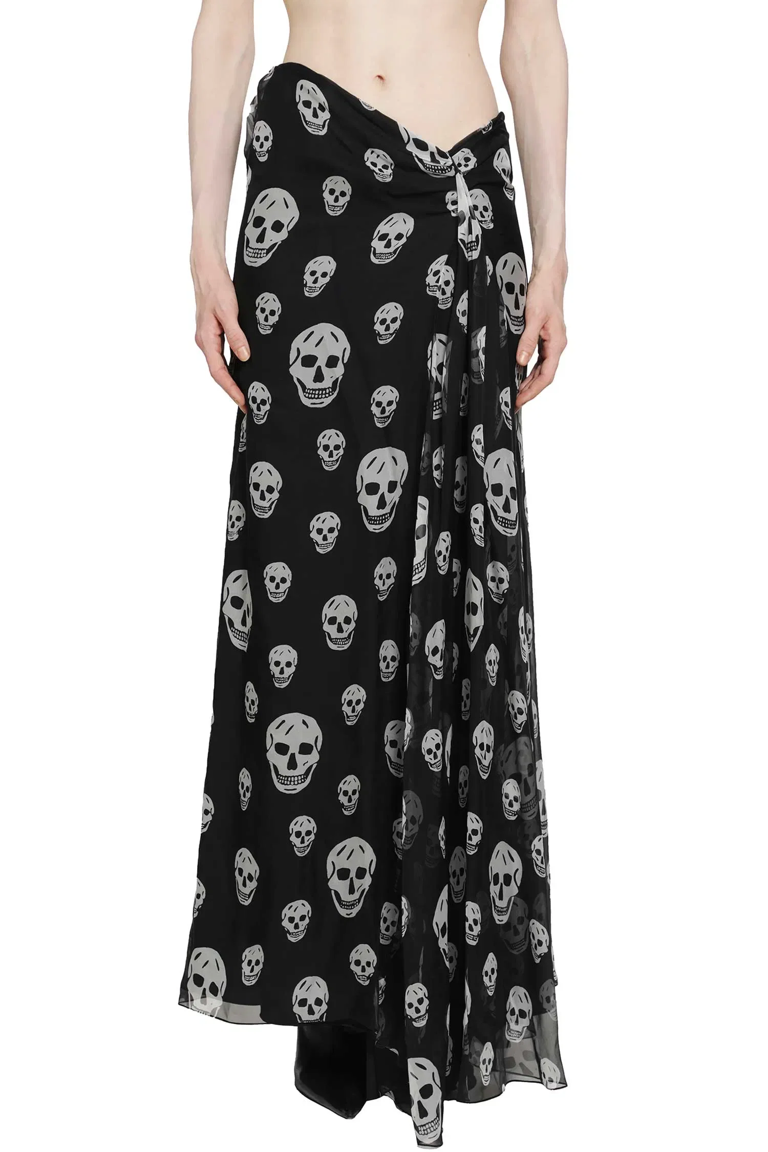 MCQUEEN Skull Print Draped Maxi Skirt
