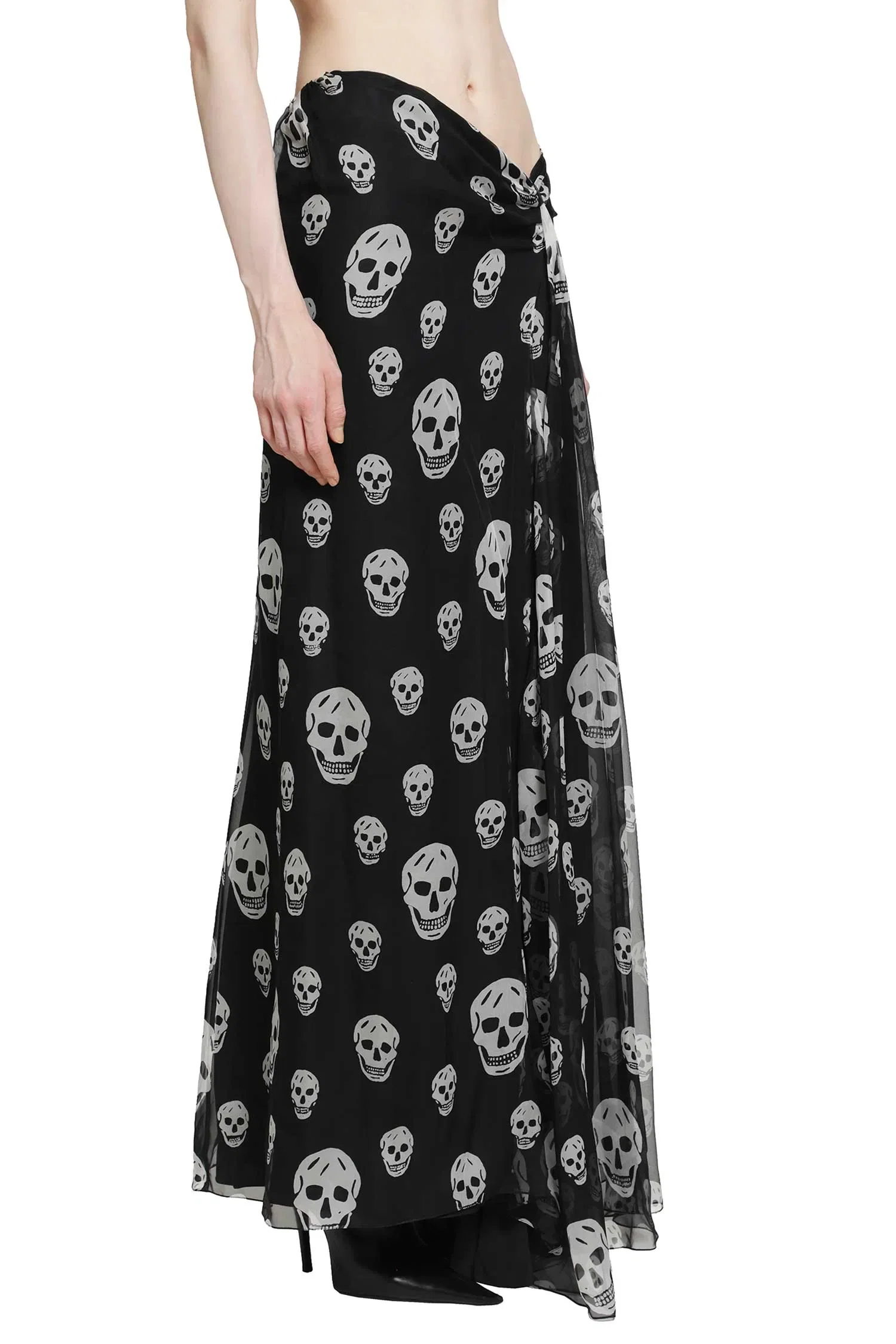 MCQUEEN Skull Print Draped Maxi Skirt