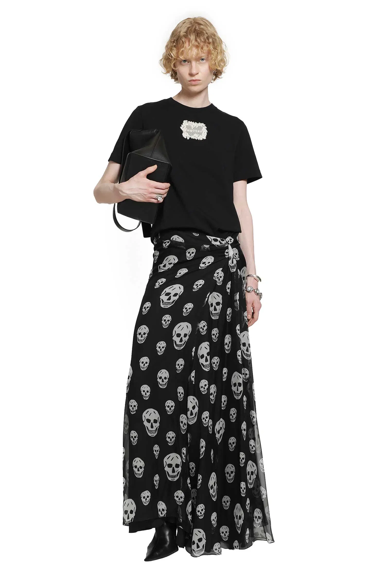 MCQUEEN Skull Print Draped Maxi Skirt