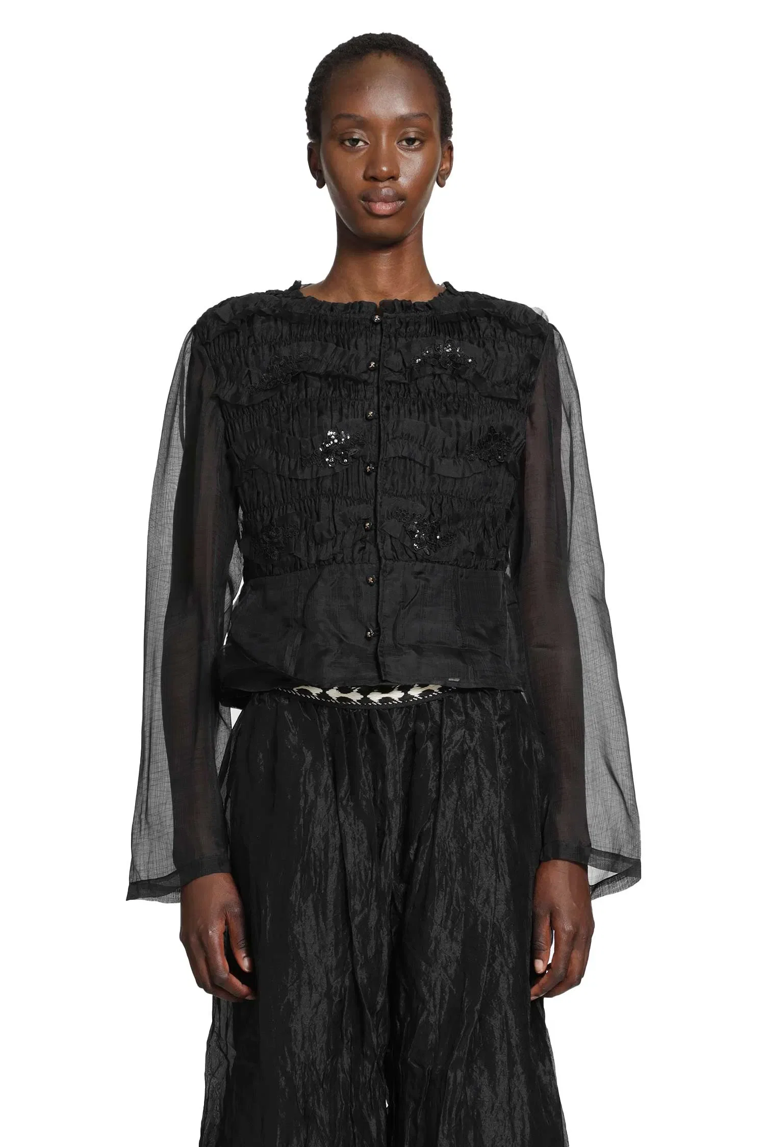 Renli Su Shirred Silk Twill and Organza Shirt