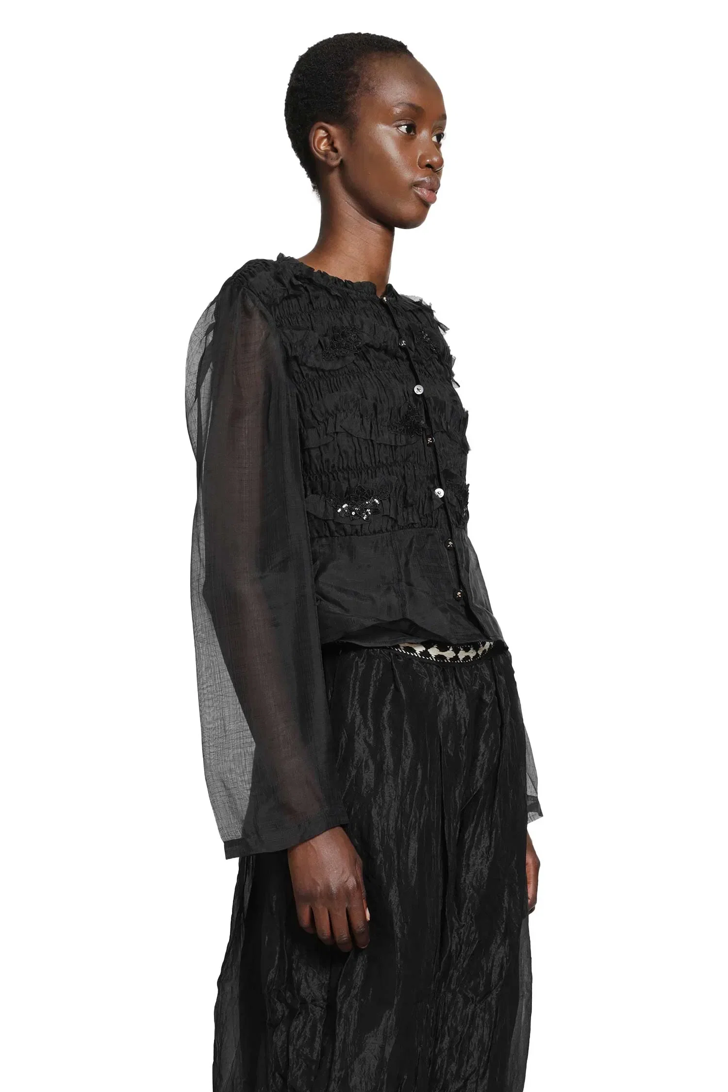 Renli Su Shirred Silk Twill and Organza Shirt