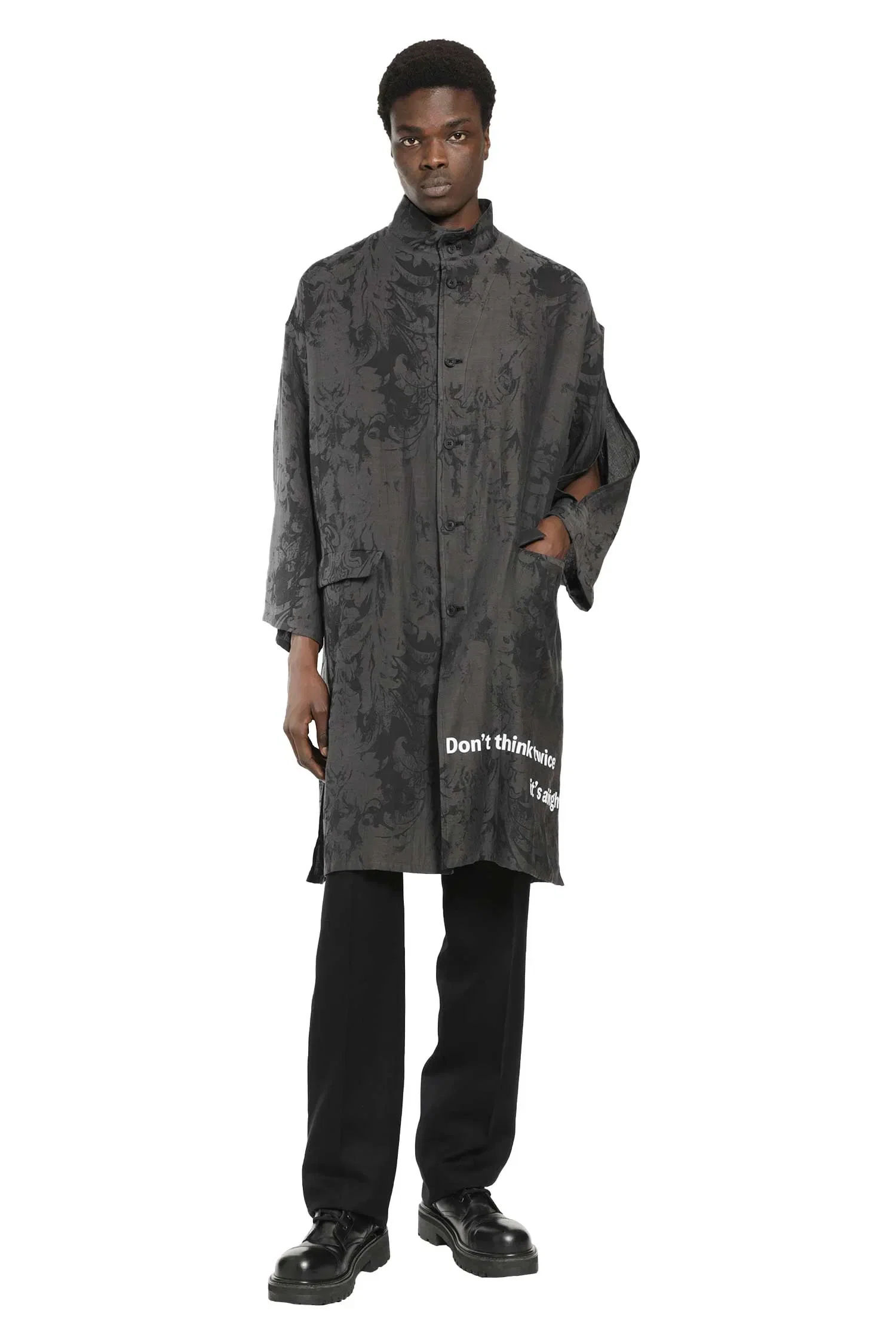 Yohji Yamamoto Jacquard Message Print Long Jacket